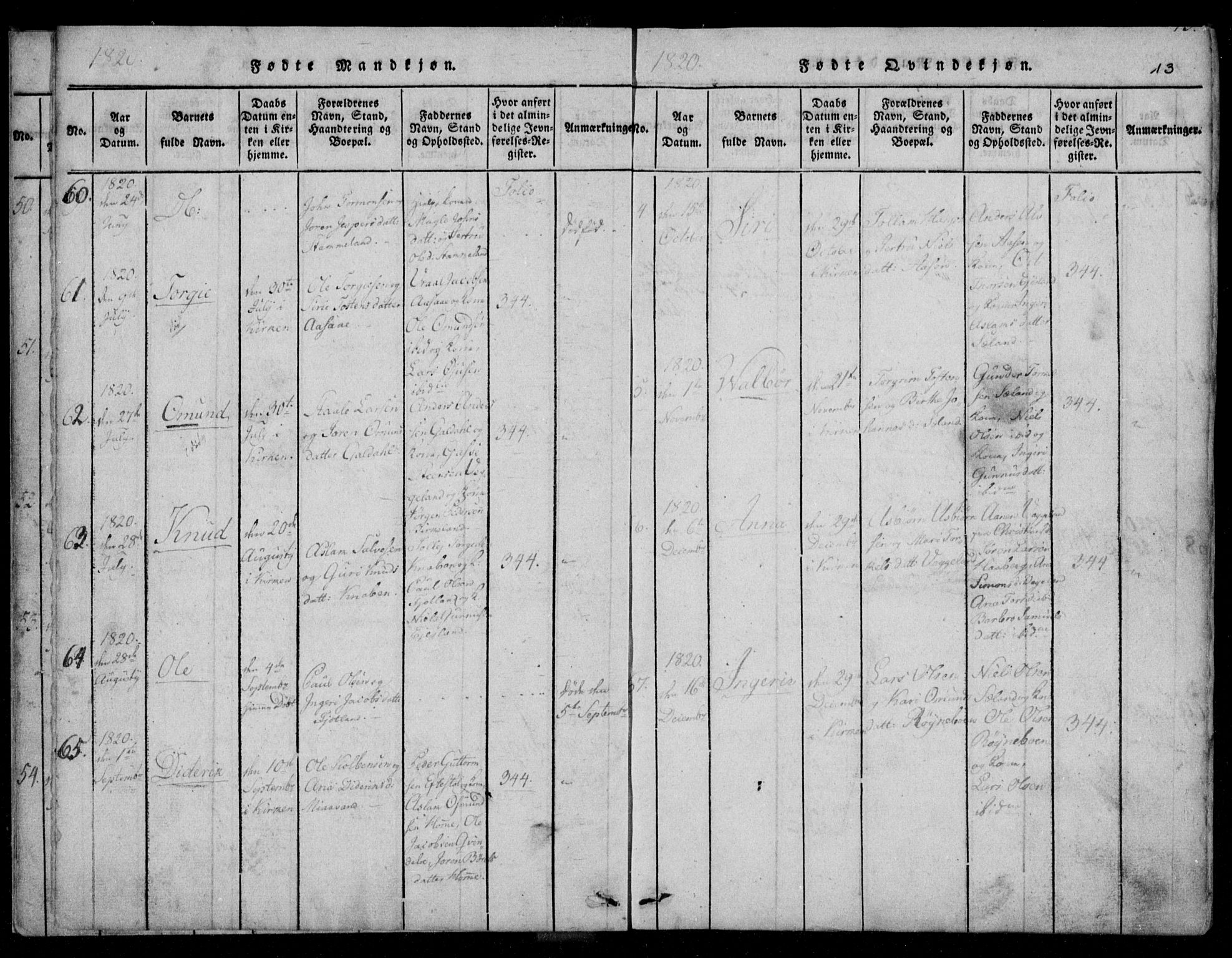 Fjotland sokneprestkontor, AV/SAK-1111-0010/F/Fb/L0001: Parish register (copy) no. B 1, 1816-1849, p. 13