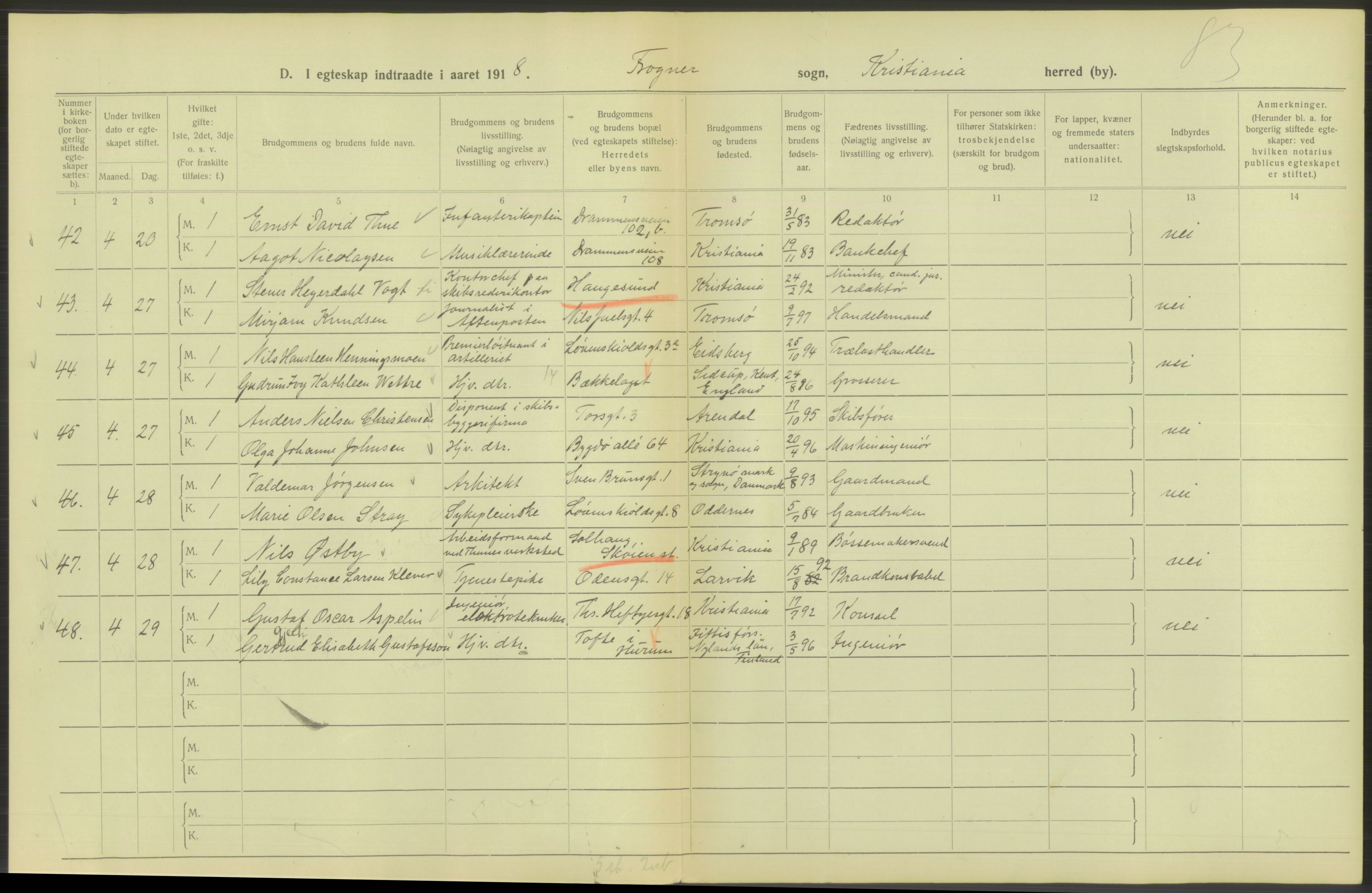 Statistisk sentralbyrå, Sosiodemografiske emner, Befolkning, AV/RA-S-2228/D/Df/Dfb/Dfbh/L0009: Kristiania: Gifte, 1918, p. 136