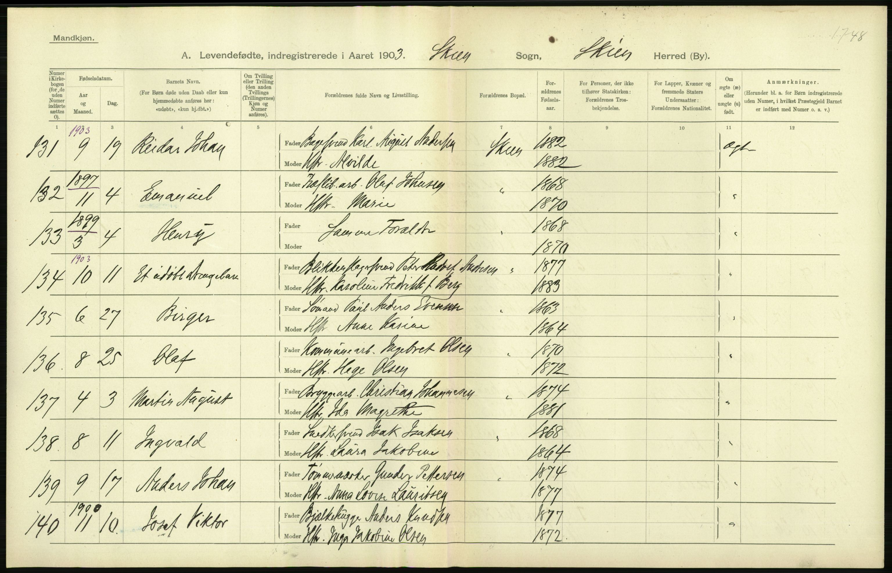 Statistisk sentralbyrå, Sosiodemografiske emner, Befolkning, AV/RA-S-2228/D/Df/Dfa/Dfaa/L0009: Bratsberg amt: Fødte, gifte, døde, 1903, p. 286