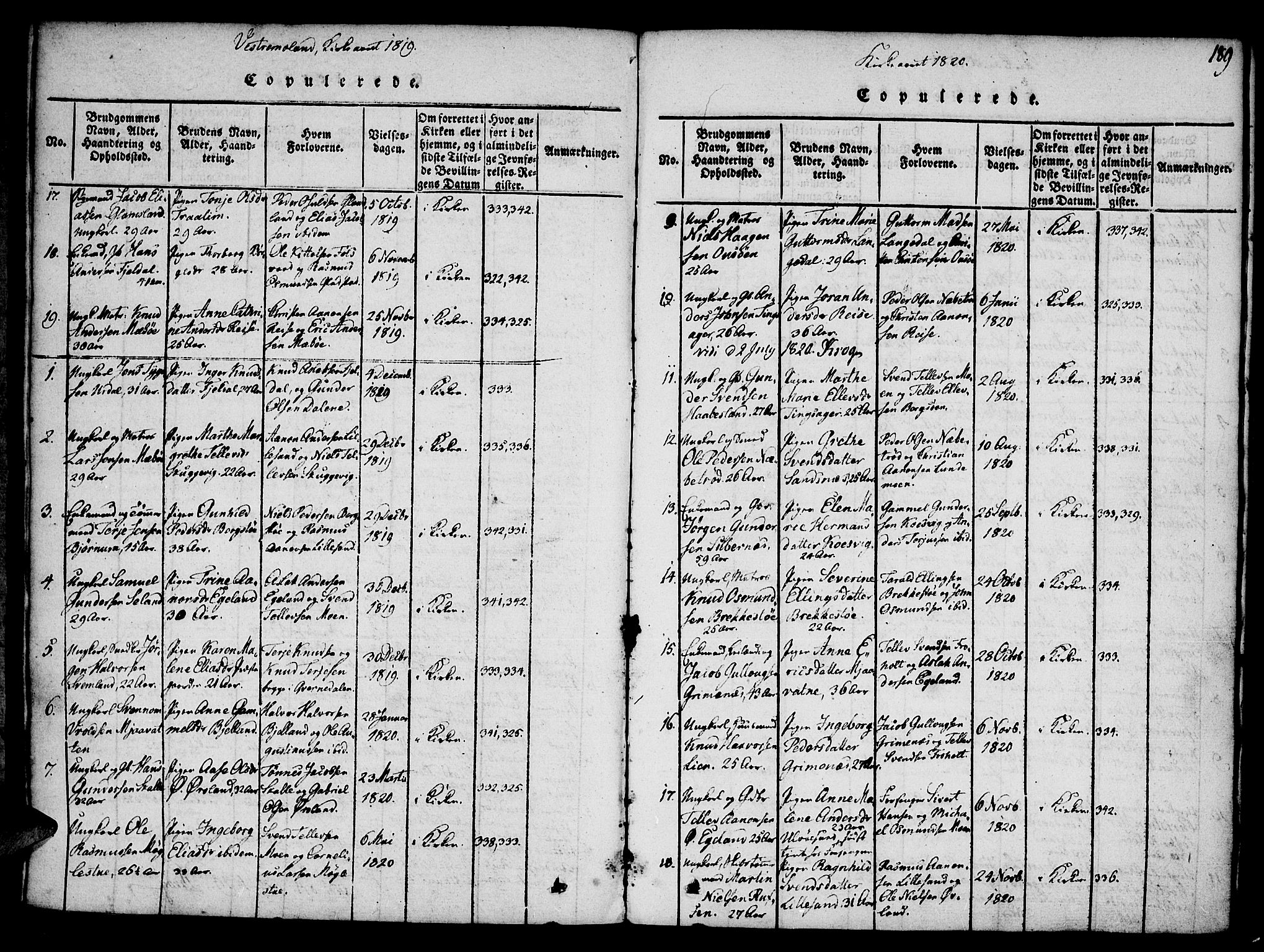 Vestre Moland sokneprestkontor, SAK/1111-0046/F/Fa/Fab/L0003: Parish register (official) no. A 3, 1816-1843, p. 189