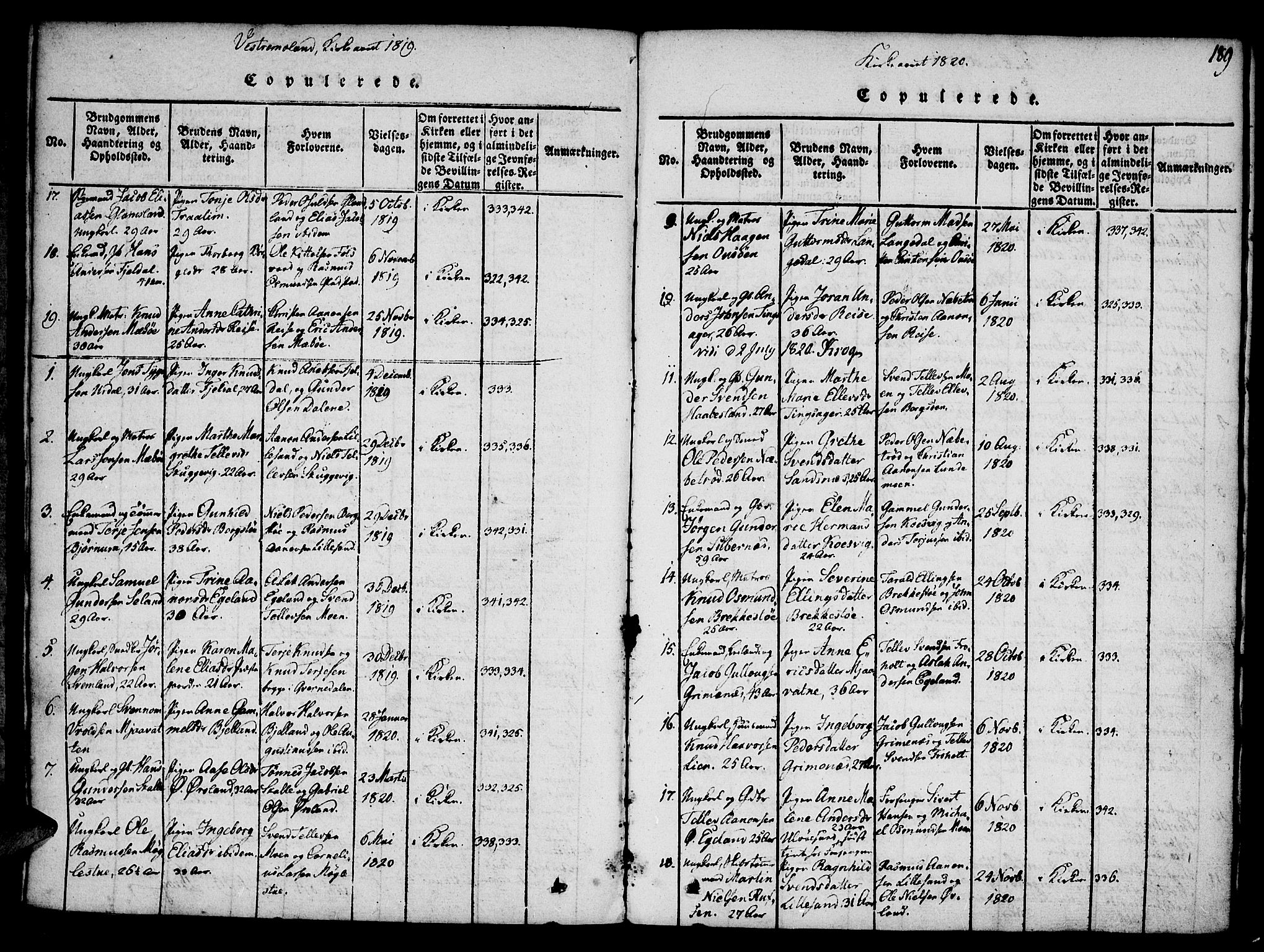 Vestre Moland sokneprestkontor, AV/SAK-1111-0046/F/Fa/Fab/L0003: Parish register (official) no. A 3, 1816-1843, p. 189