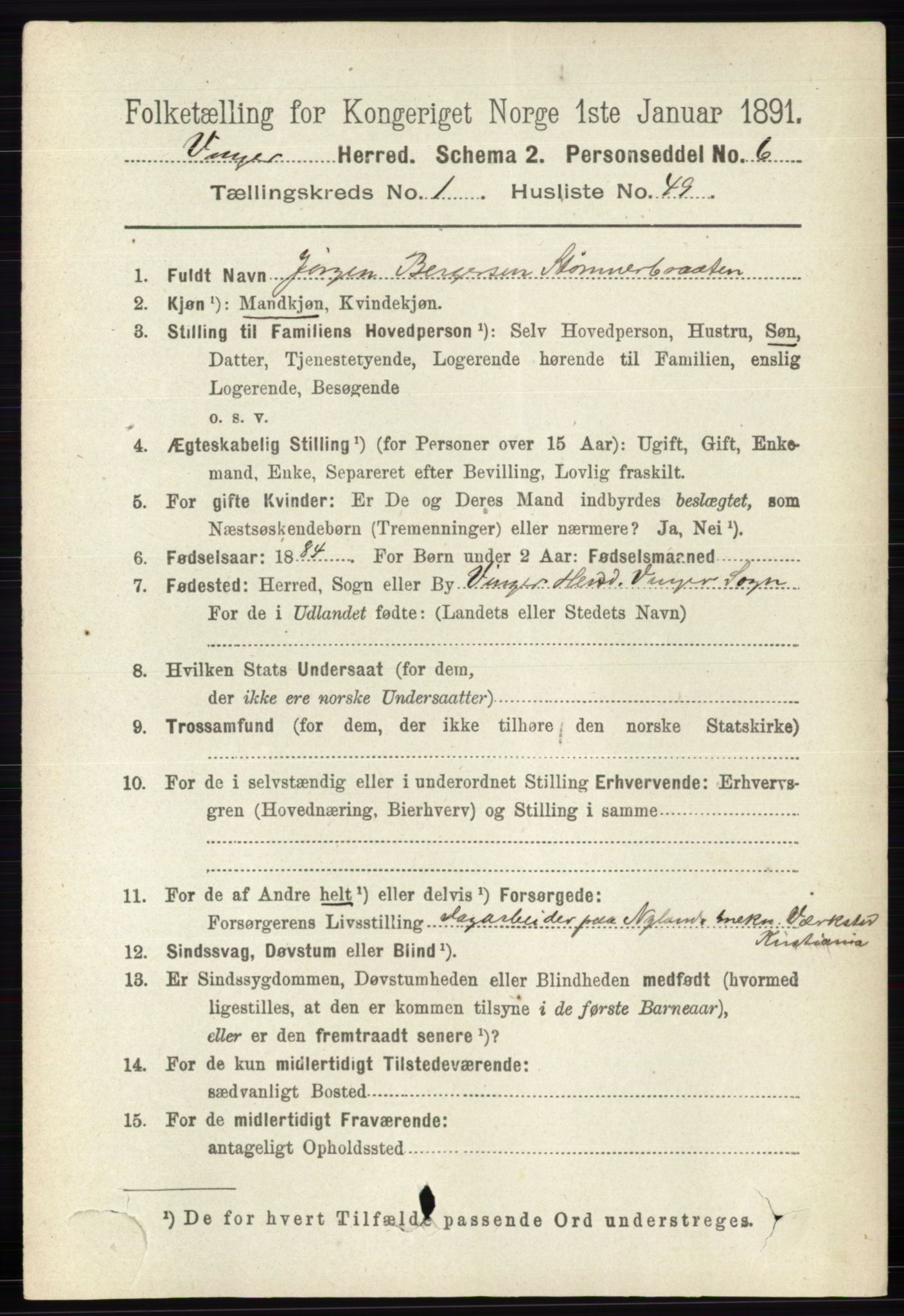 RA, 1891 census for 0421 Vinger, 1891, p. 392