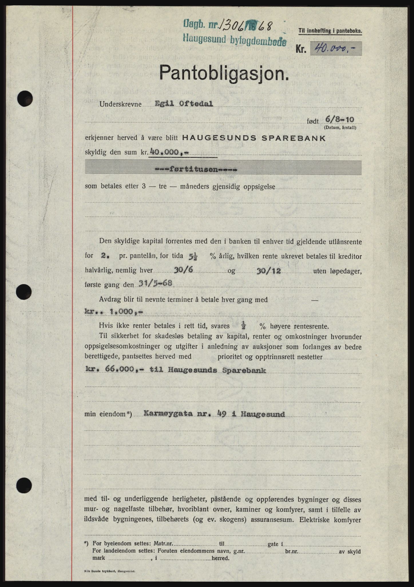 Haugesund tingrett, AV/SAST-A-101415/01/II/IIC/L0058: Mortgage book no. B 58, 1967-1968, Diary no: : 1306/1968