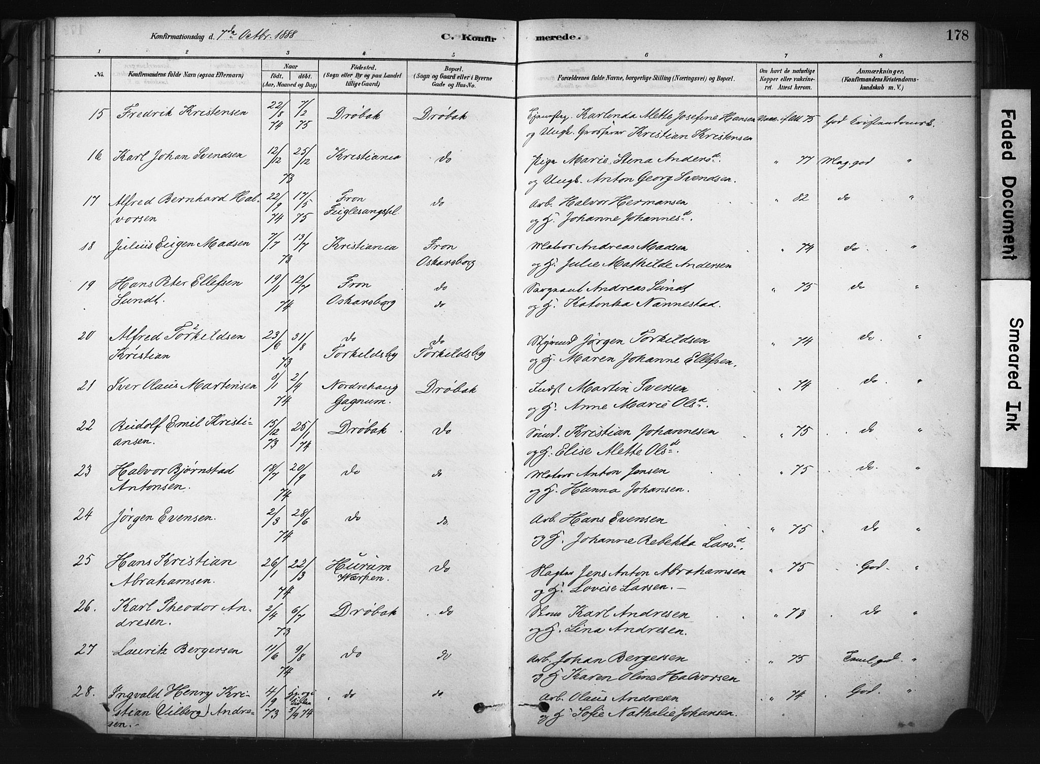 Drøbak prestekontor Kirkebøker, AV/SAO-A-10142a/F/Fb/L0001: Parish register (official) no. II 1, 1878-1891, p. 178