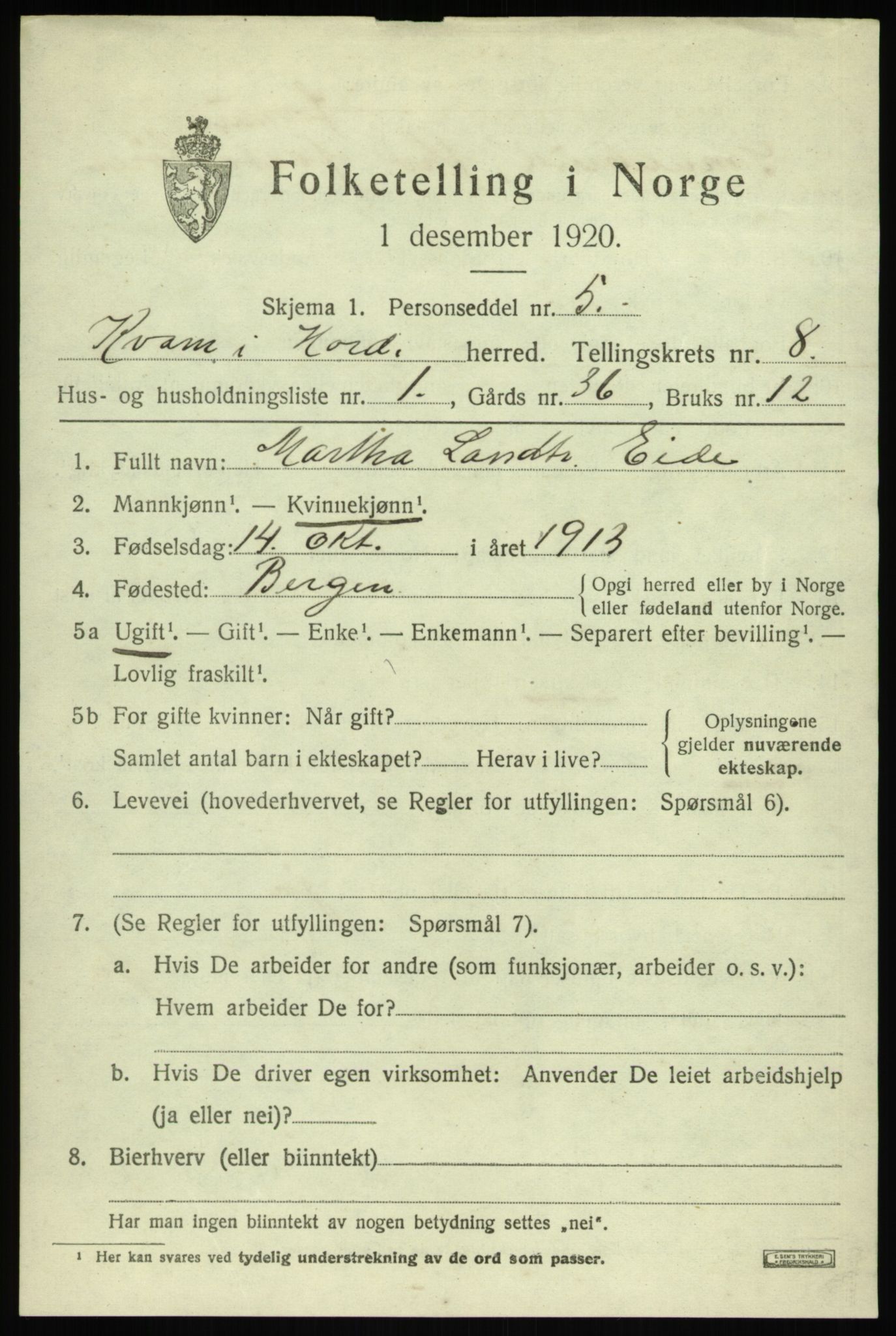 SAB, 1920 census for Kvam, 1920, p. 5171