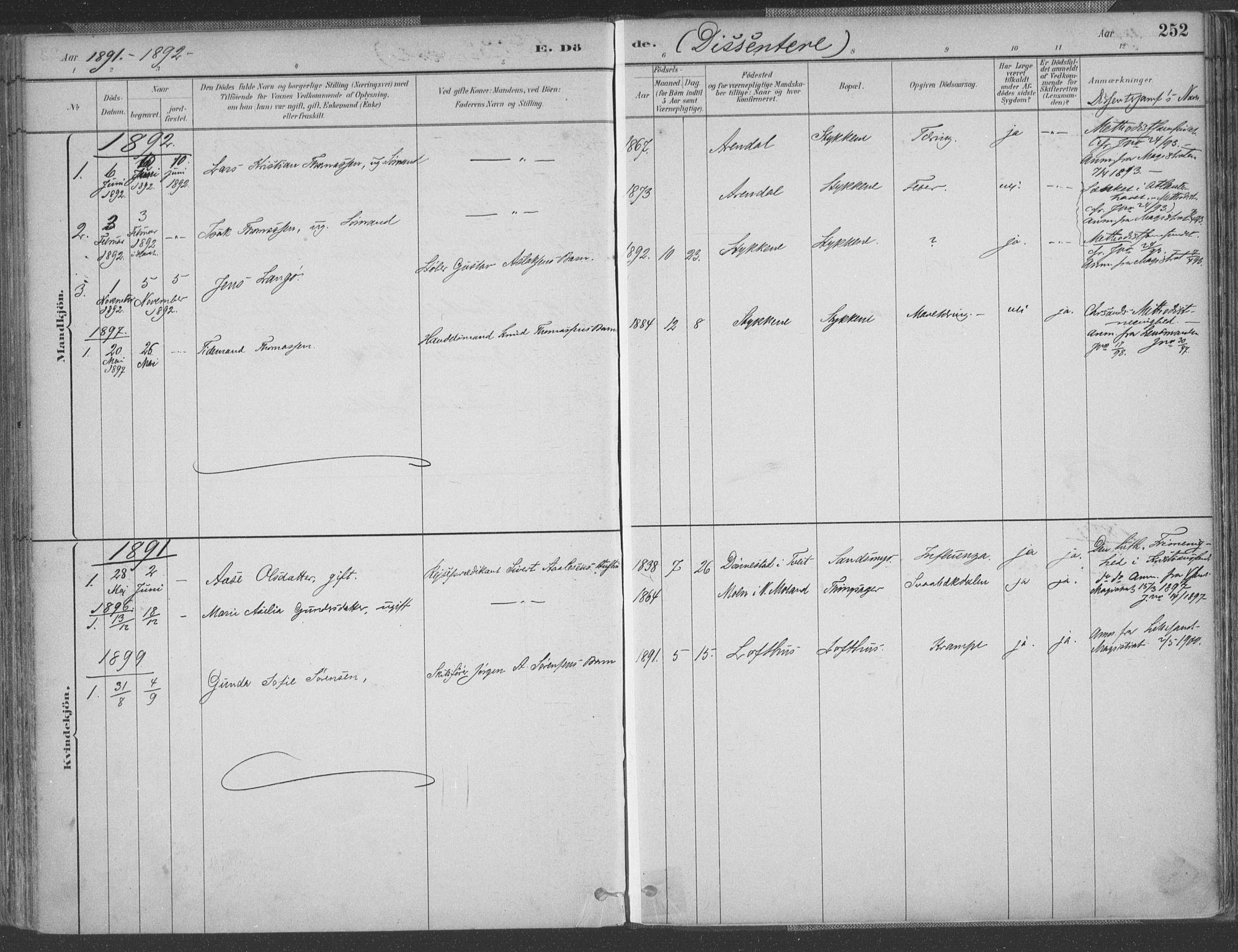 Vestre Moland sokneprestkontor, SAK/1111-0046/F/Fa/Fab/L0009: Parish register (official) no. A 9, 1884-1899, p. 252