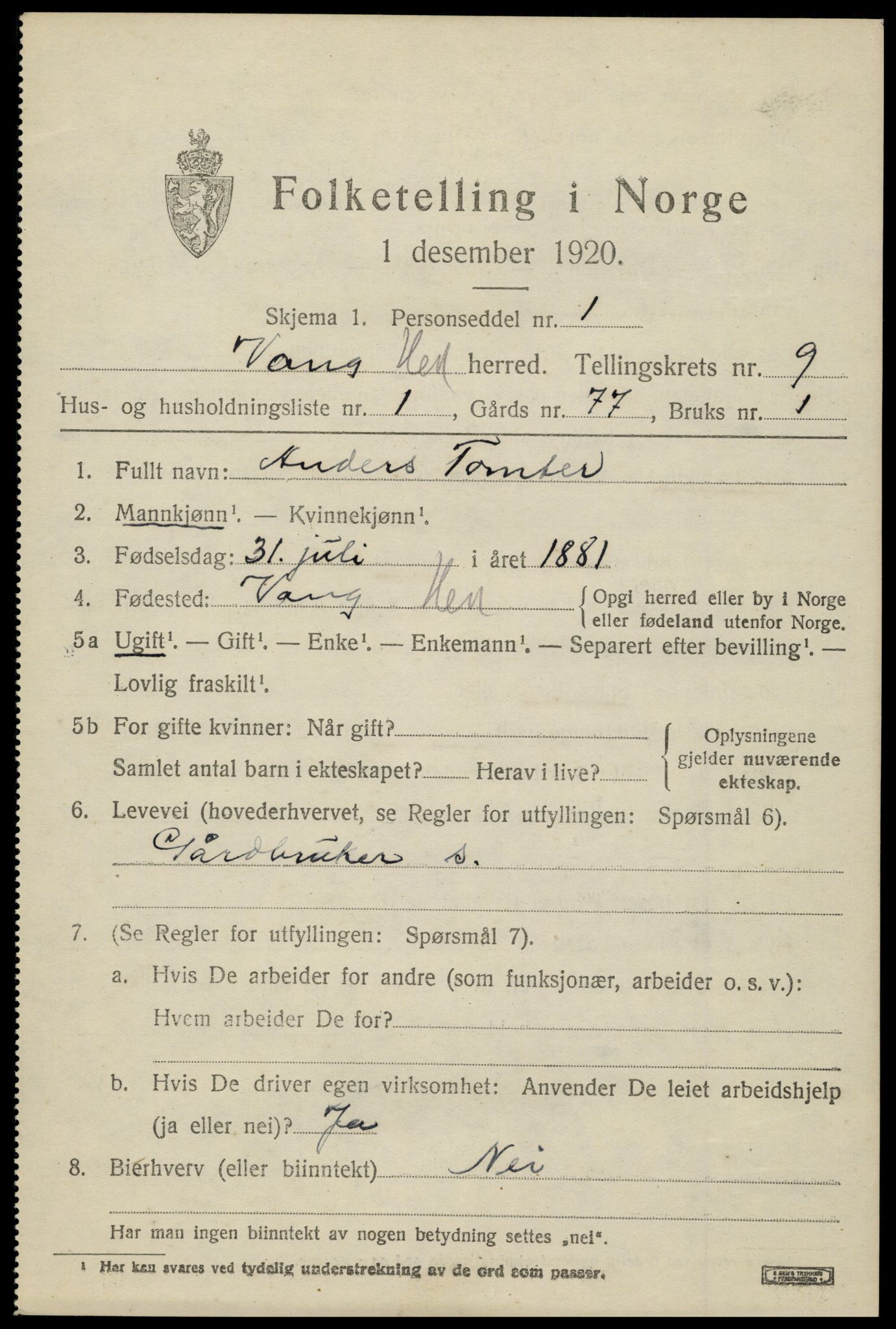 SAH, 1920 census for Vang (Hedmark), 1920, p. 18089