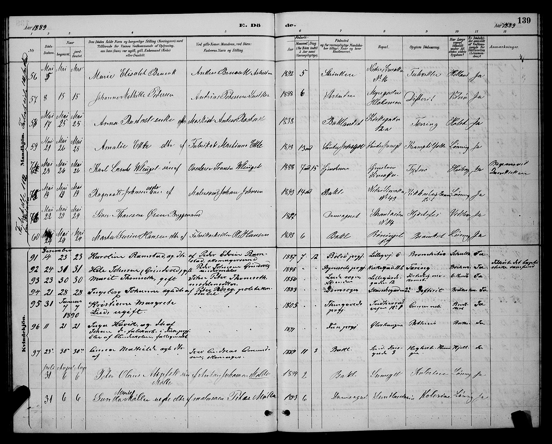 Ministerialprotokoller, klokkerbøker og fødselsregistre - Sør-Trøndelag, SAT/A-1456/604/L0223: Parish register (copy) no. 604C06, 1886-1897, p. 139
