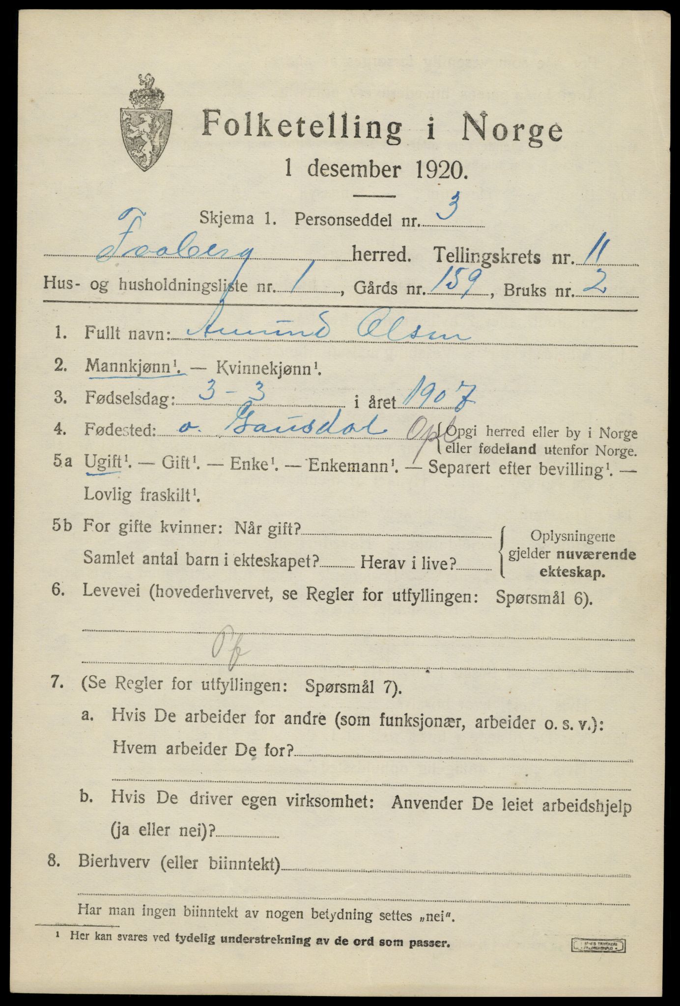 SAH, 1920 census for Fåberg, 1920, p. 11836