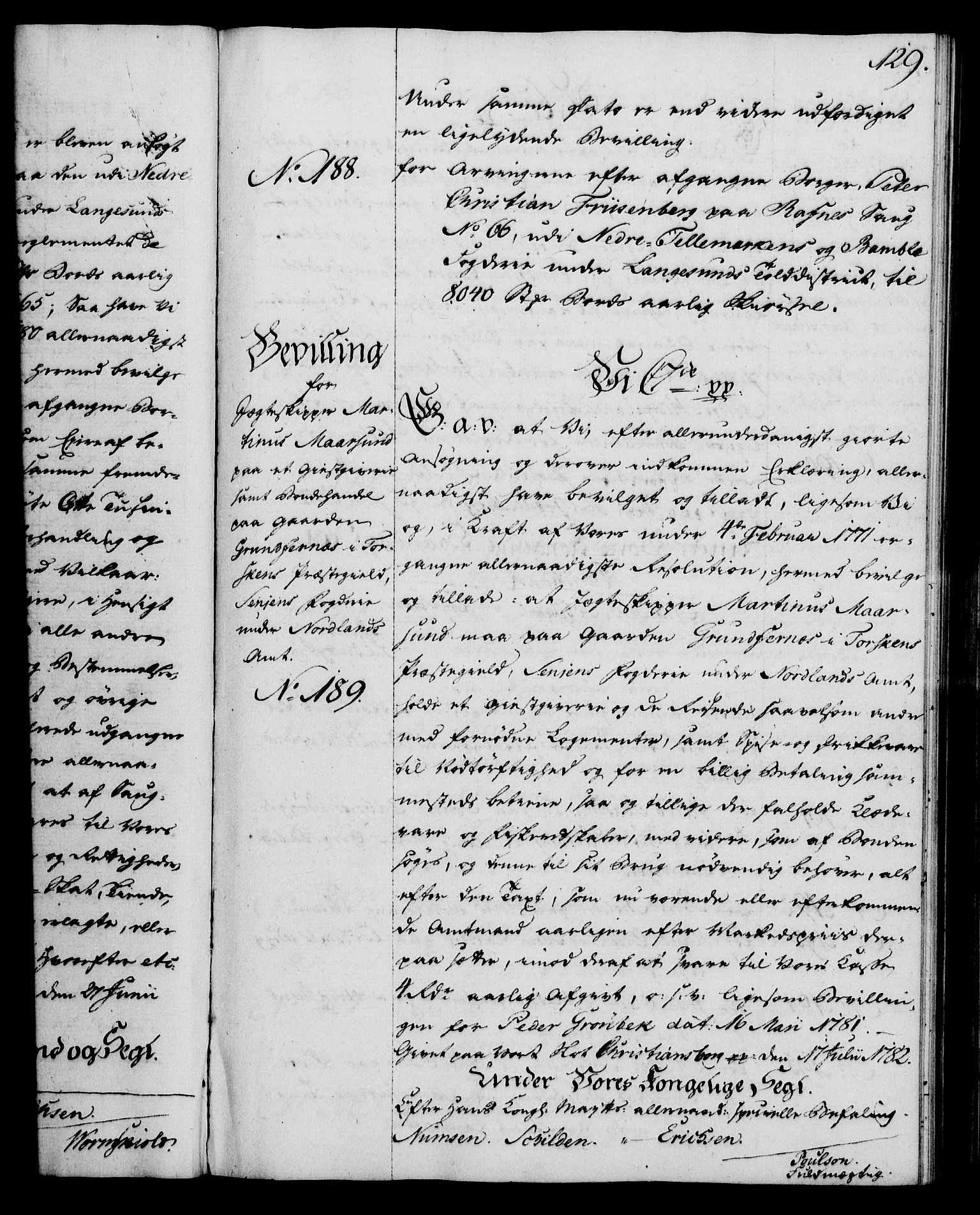 Rentekammeret, Kammerkanselliet, RA/EA-3111/G/Gg/Gga/L0012: Norsk ekspedisjonsprotokoll med register (merket RK 53.12), 1781-1783, p. 129