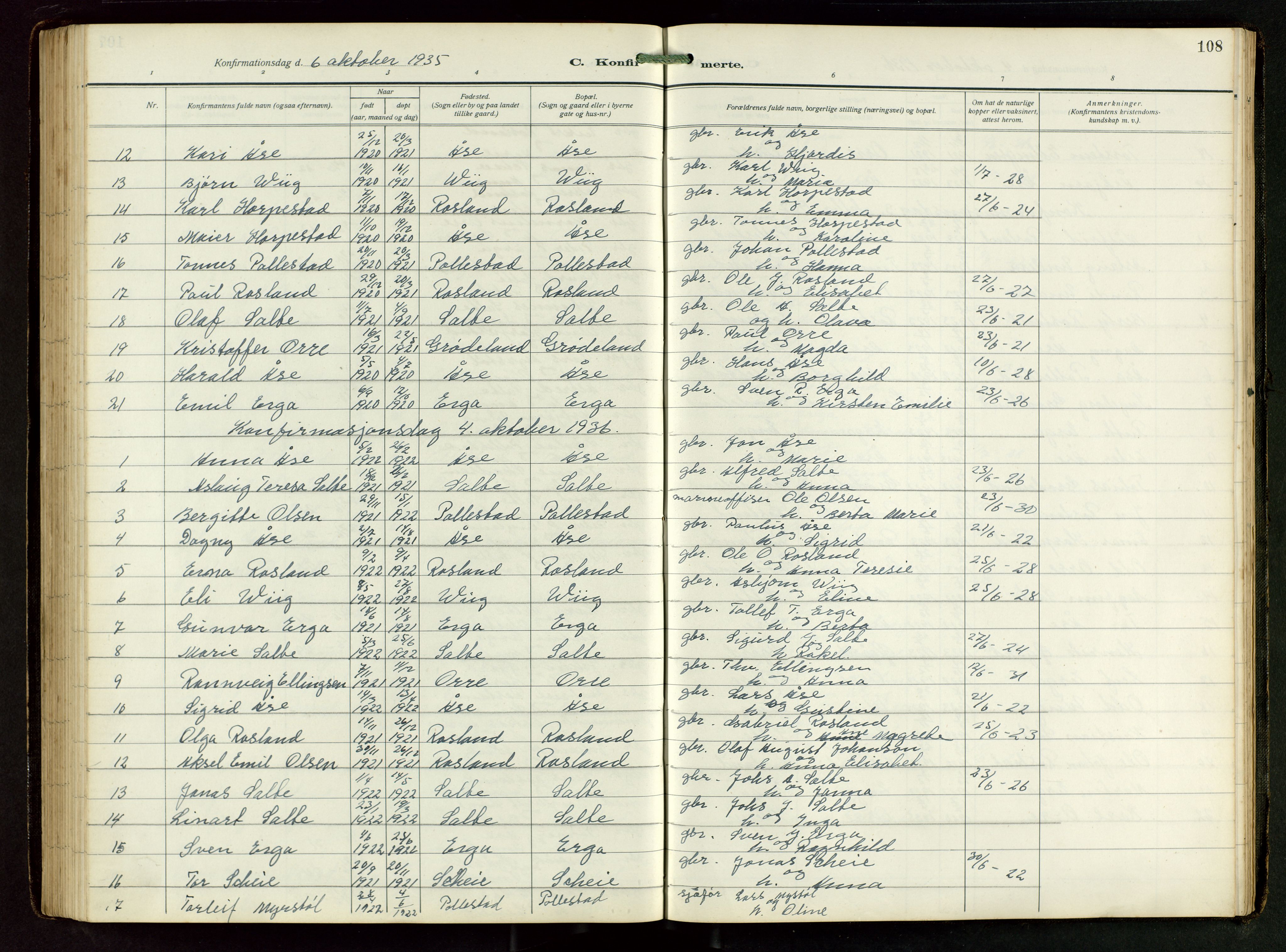 Klepp sokneprestkontor, AV/SAST-A-101803/001/3/30BB/L0008: Parish register (copy) no. B 8, 1918-1949, p. 108