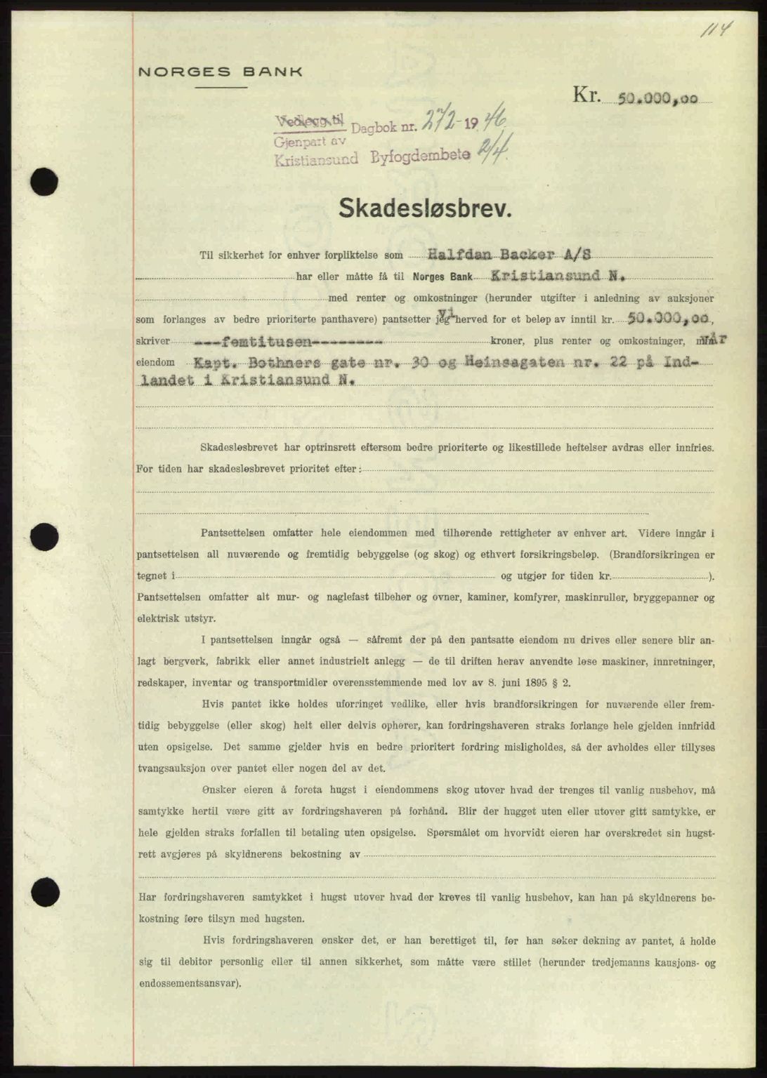 Kristiansund byfogd, AV/SAT-A-4587/A/27: Mortgage book no. 40, 1946-1946, Diary no: : 272/1946