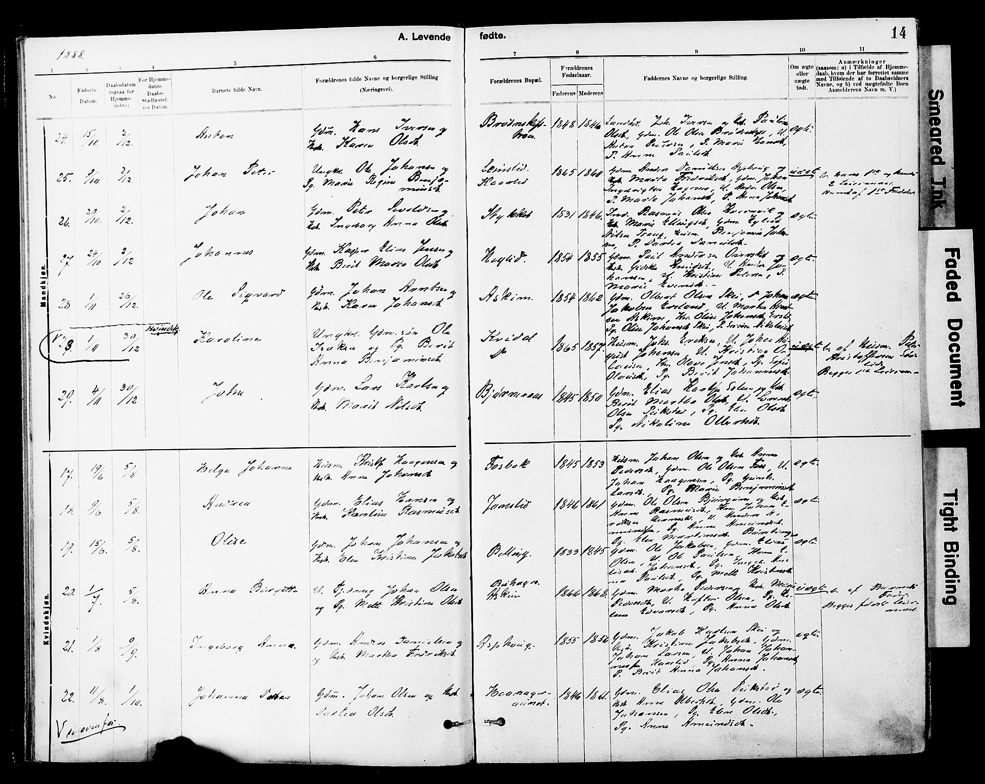 Ministerialprotokoller, klokkerbøker og fødselsregistre - Sør-Trøndelag, SAT/A-1456/646/L0615: Parish register (official) no. 646A13, 1885-1900, p. 14