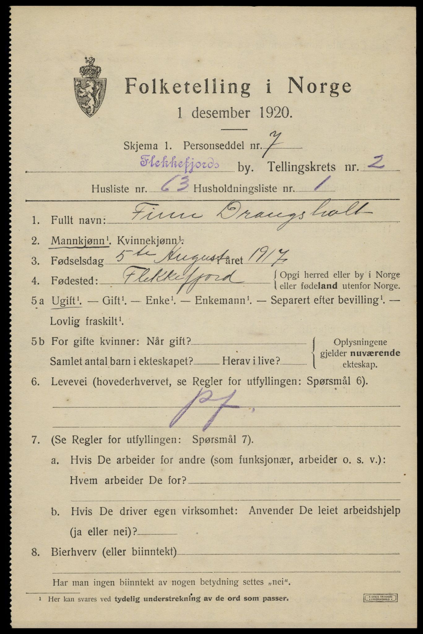 SAK, 1920 census for Flekkefjord, 1920, p. 3250