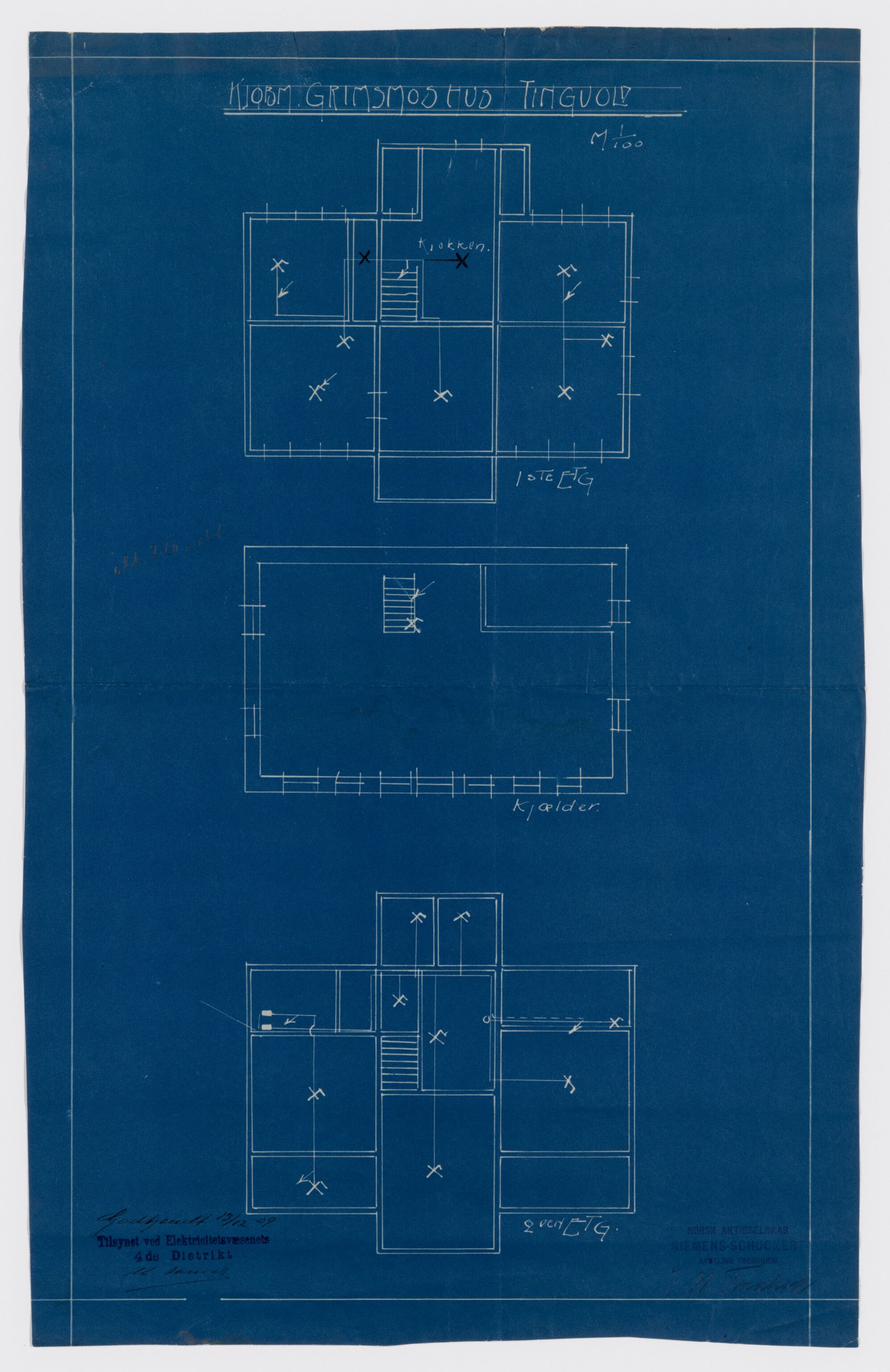 Tingvoll Ullvarefabrikk, IKAM/P-00482/T/Ta/L0004: Elektrisitetskart - kontorbygg, veveri, spinneri, bestyrelsesbolig, etc., 1909