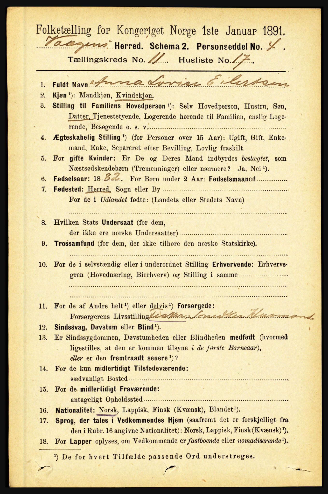 RA, 1891 census for 1865 Vågan, 1891, p. 2828