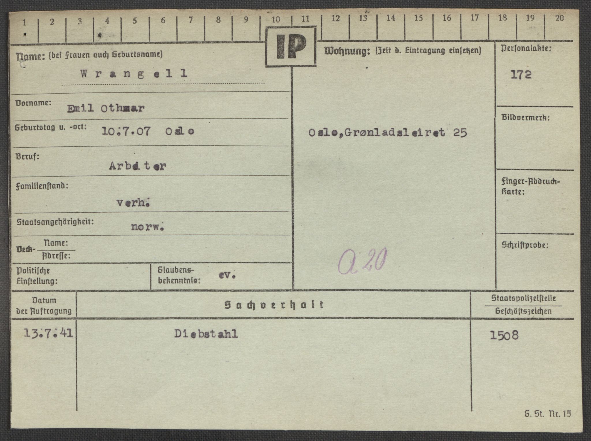 Befehlshaber der Sicherheitspolizei und des SD, RA/RAFA-5969/E/Ea/Eaa/L0010: Register over norske fanger i Møllergata 19: Sø-Å, 1940-1945, p. 1128