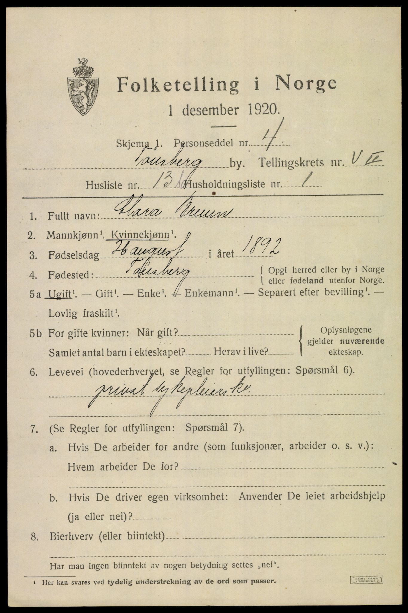 SAKO, 1920 census for Tønsberg, 1920, p. 15725