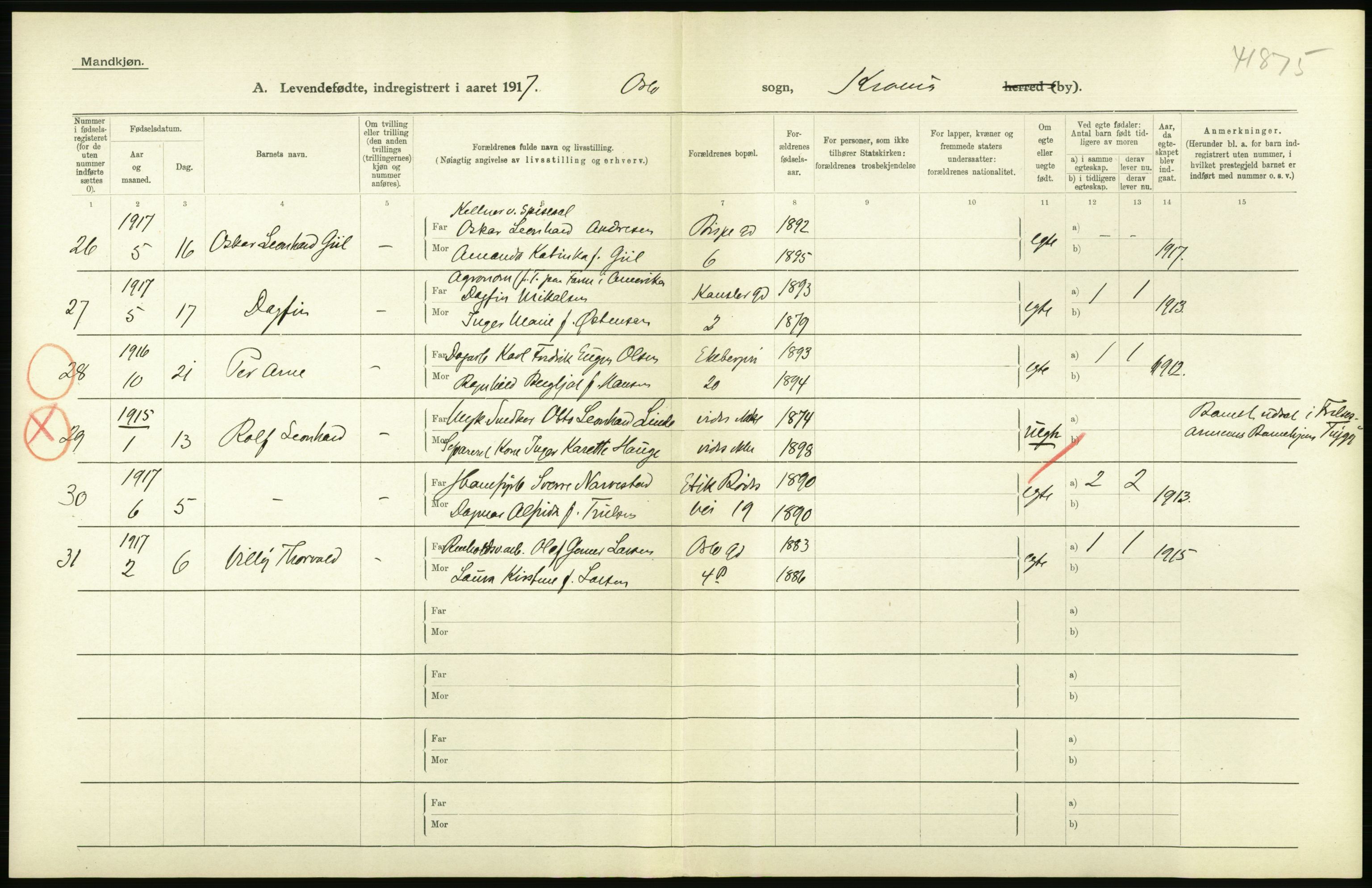 Statistisk sentralbyrå, Sosiodemografiske emner, Befolkning, AV/RA-S-2228/D/Df/Dfb/Dfbg/L0006: Kristiania: Levendefødte menn og kvinner., 1917, p. 550