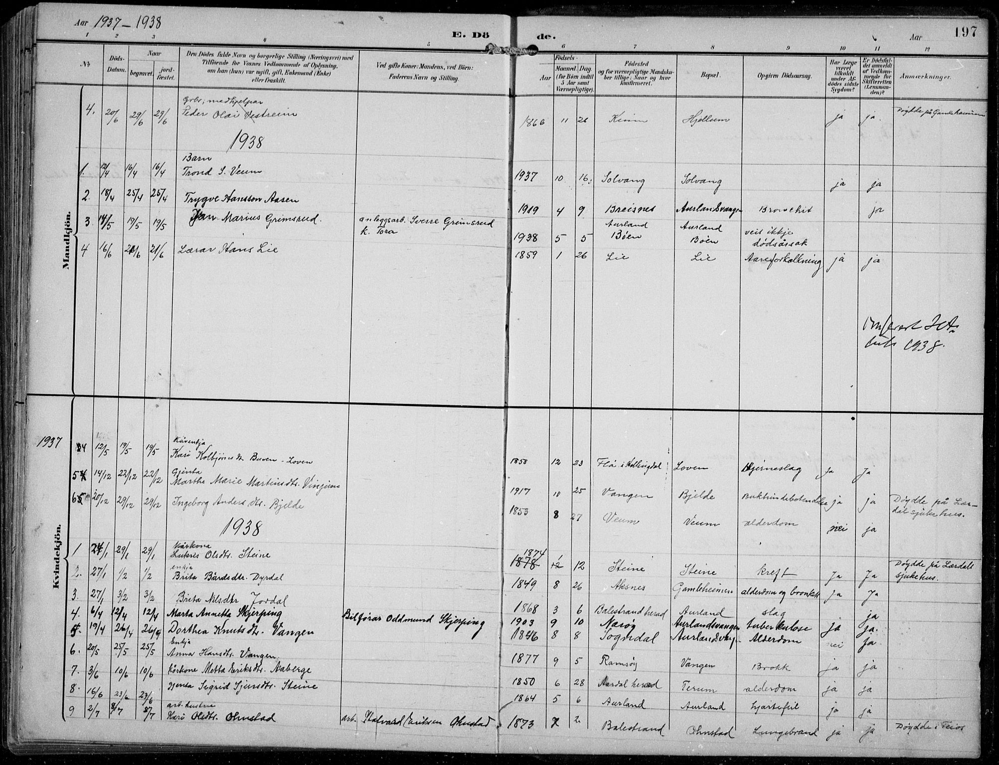 Aurland sokneprestembete, SAB/A-99937/H/Hb/Hba/L0003: Parish register (copy) no. A 3, 1896-1939, p. 197