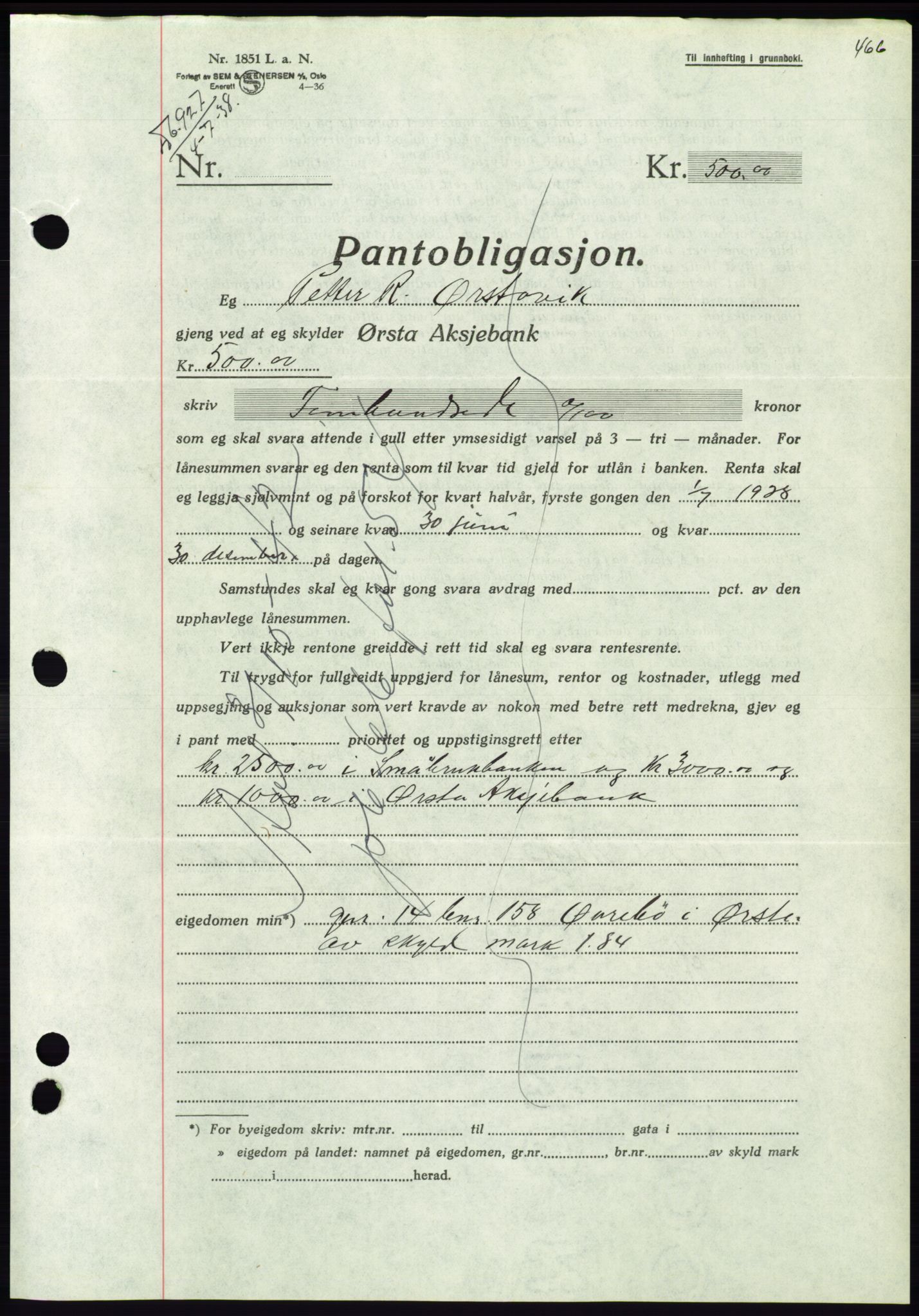 Søre Sunnmøre sorenskriveri, AV/SAT-A-4122/1/2/2C/L0065: Mortgage book no. 59, 1938-1938, Diary no: : 927/1938