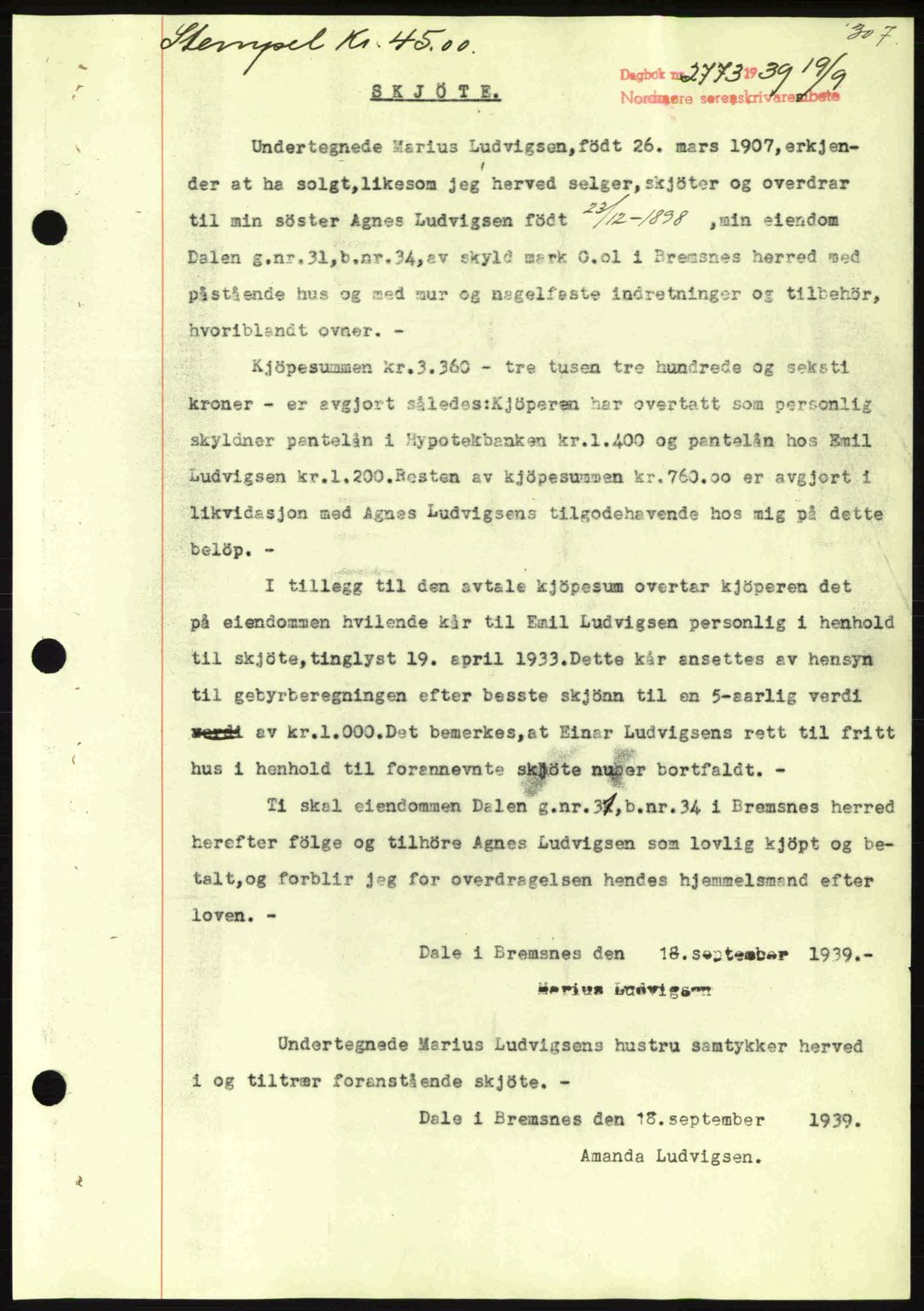 Nordmøre sorenskriveri, AV/SAT-A-4132/1/2/2Ca: Mortgage book no. A87, 1939-1940, Diary no: : 2773/1939