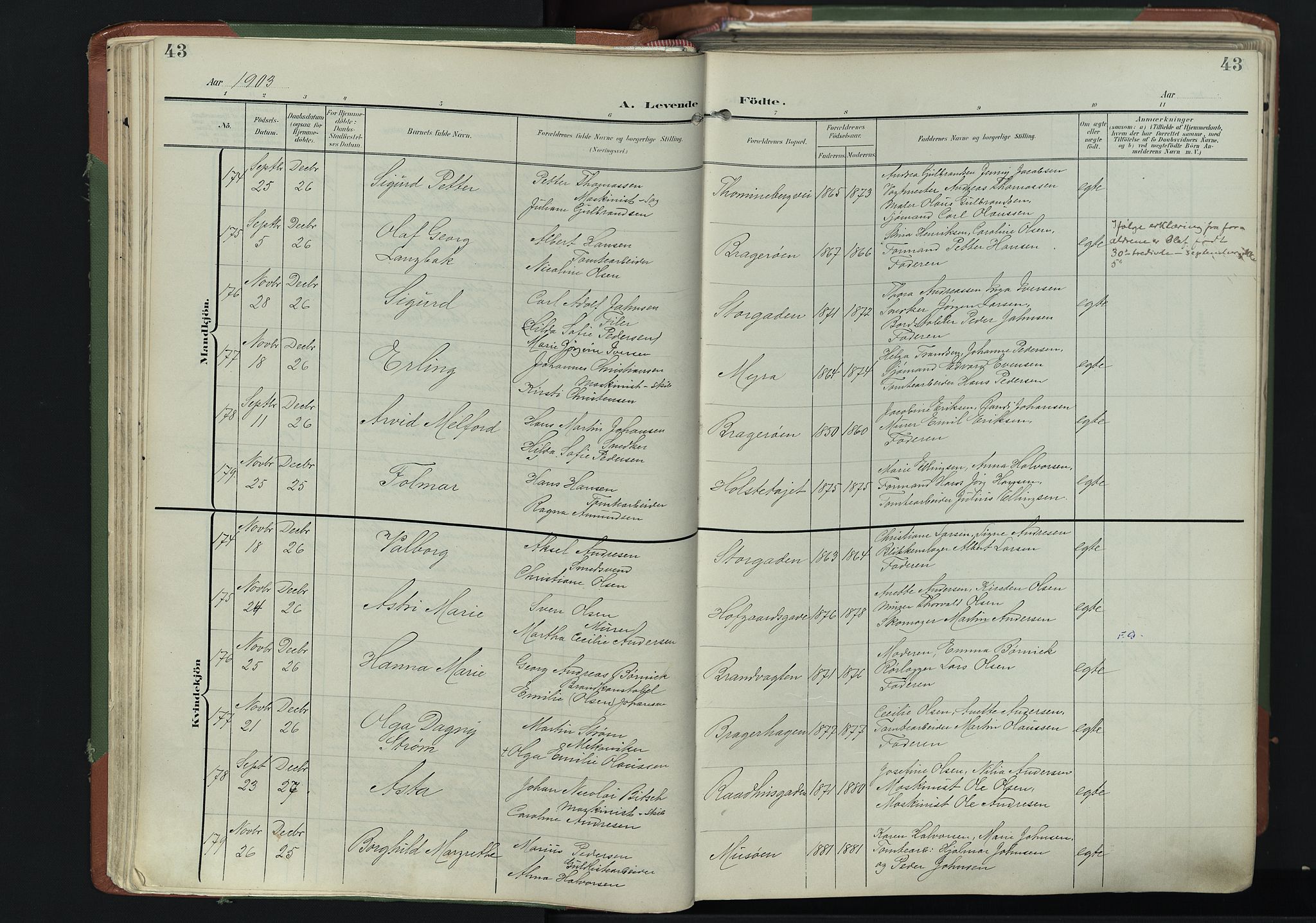 Bragernes kirkebøker, AV/SAKO-A-6/F/Fb/L0009: Parish register (official) no. II 9, 1902-1911, p. 43