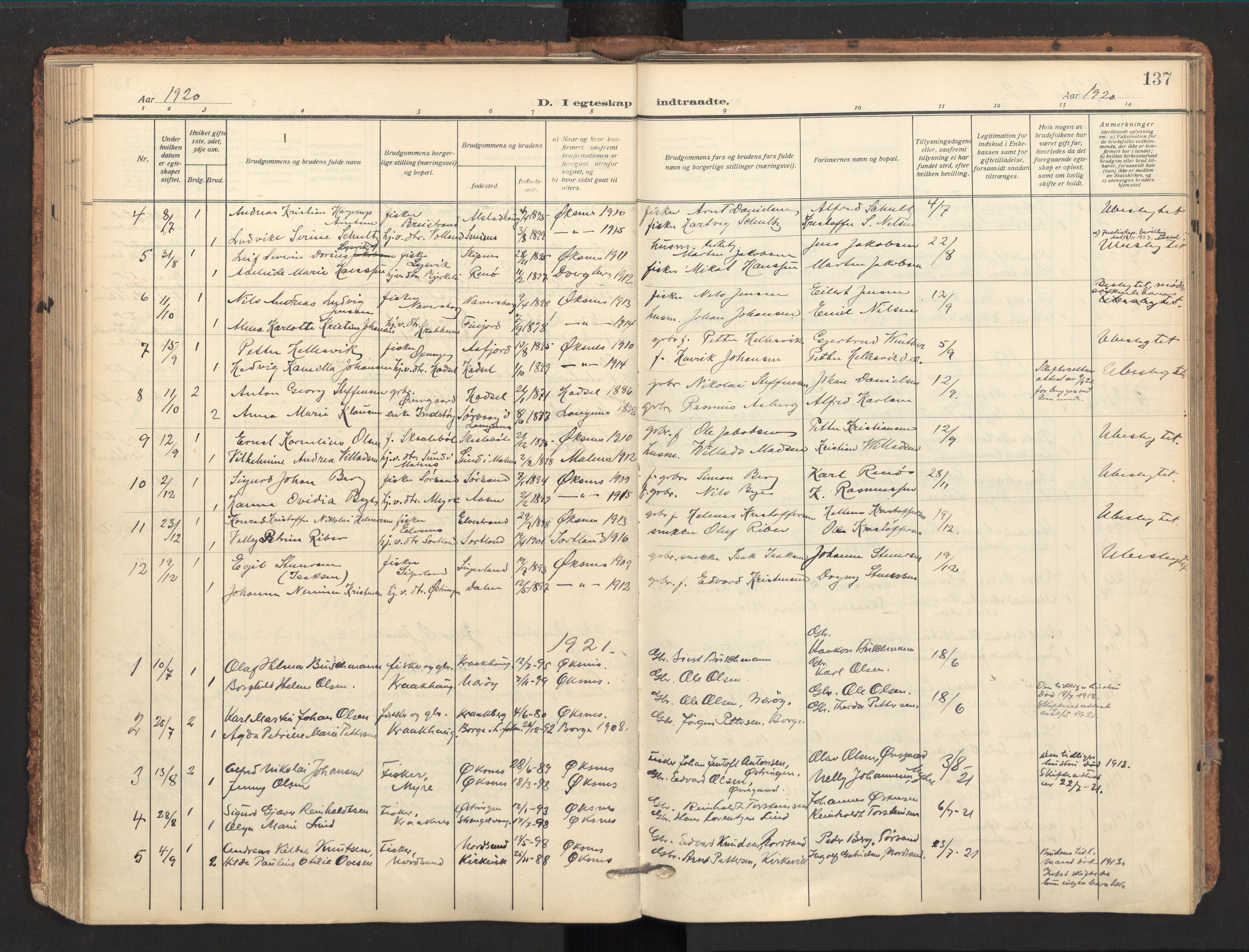 Ministerialprotokoller, klokkerbøker og fødselsregistre - Nordland, AV/SAT-A-1459/893/L1343: Parish register (official) no. 893A15, 1914-1928, p. 137