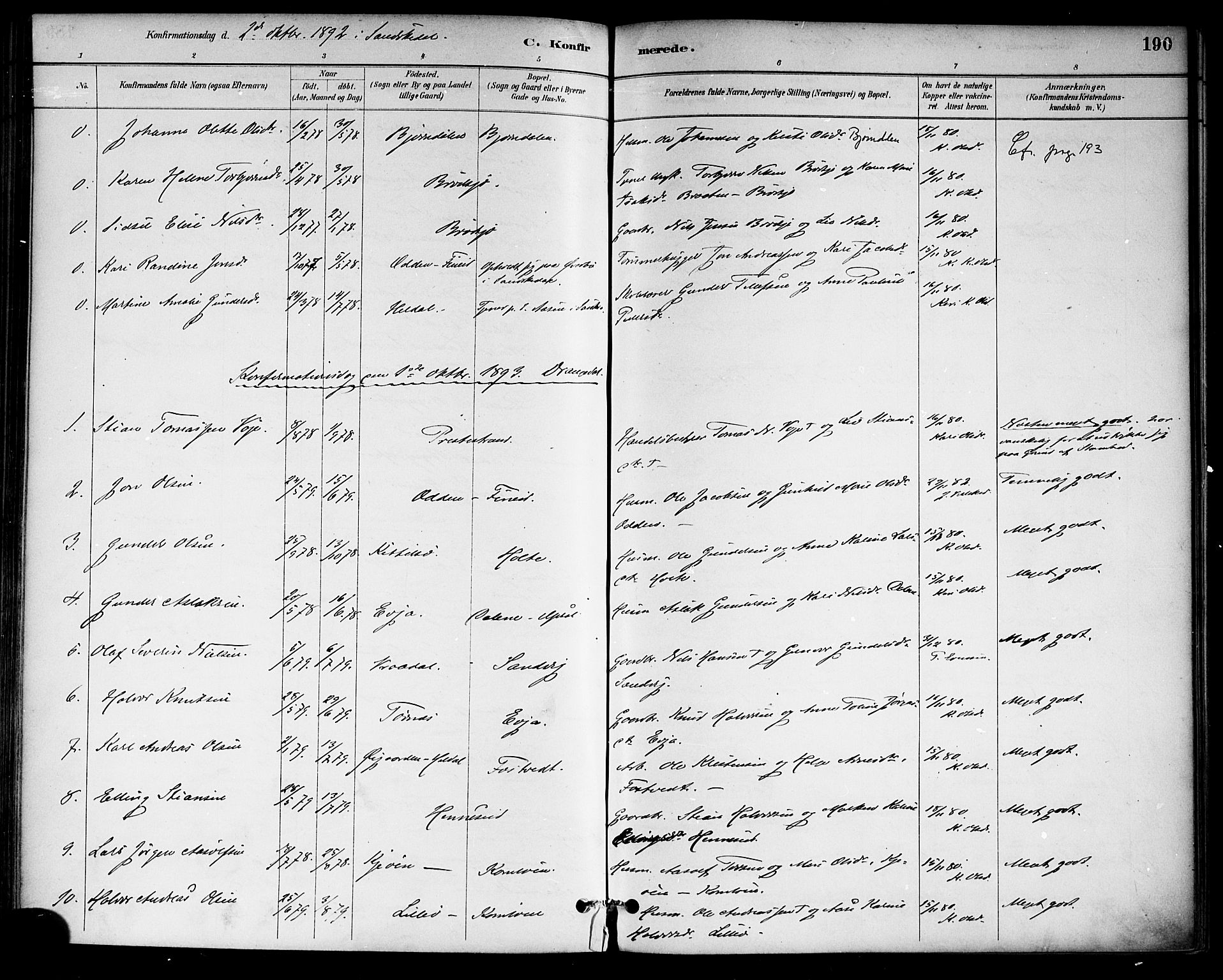 Drangedal kirkebøker, SAKO/A-258/F/Fa/L0010: Parish register (official) no. 10 /1, 1885-1894, p. 190