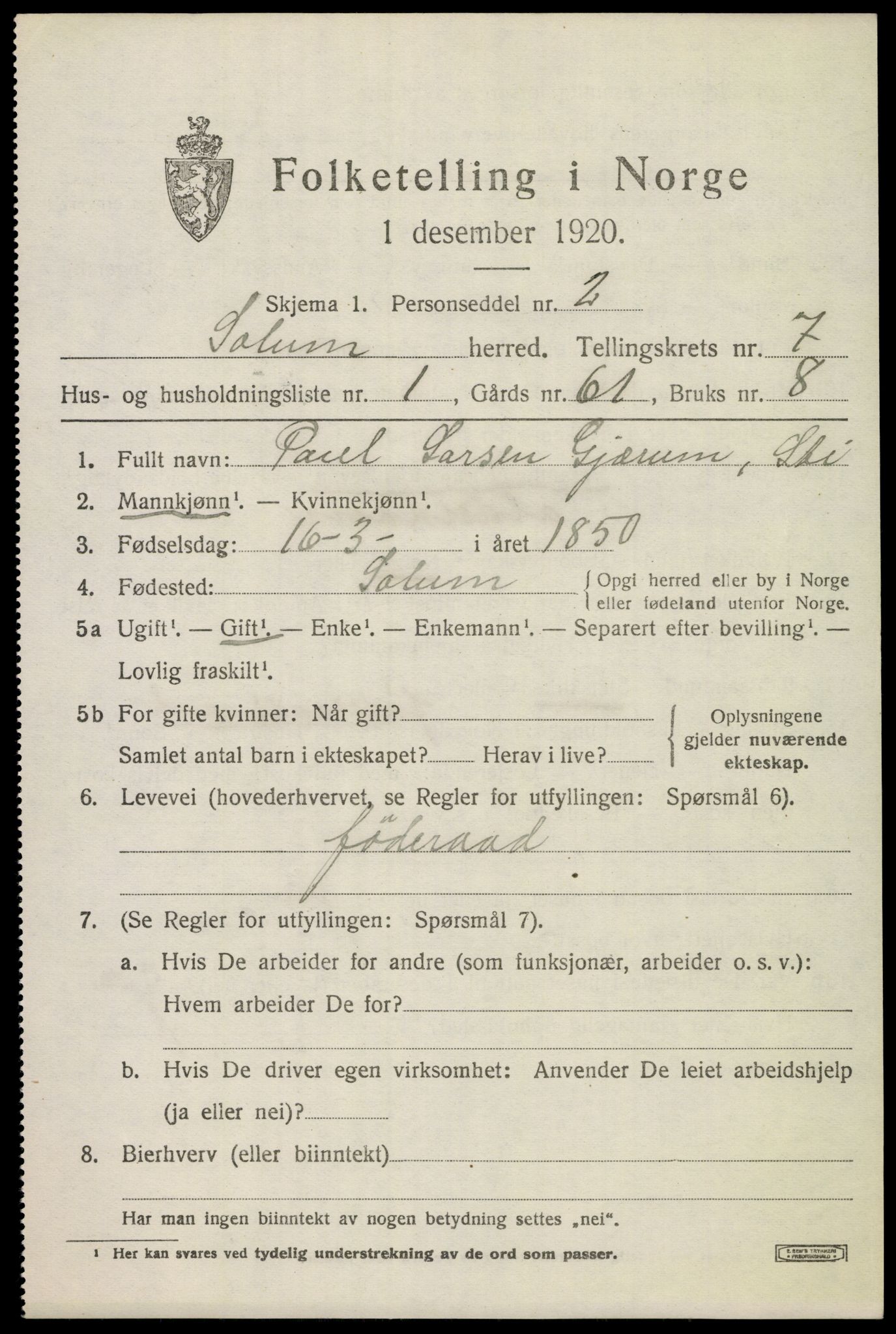 SAKO, 1920 census for Solum, 1920, p. 13826