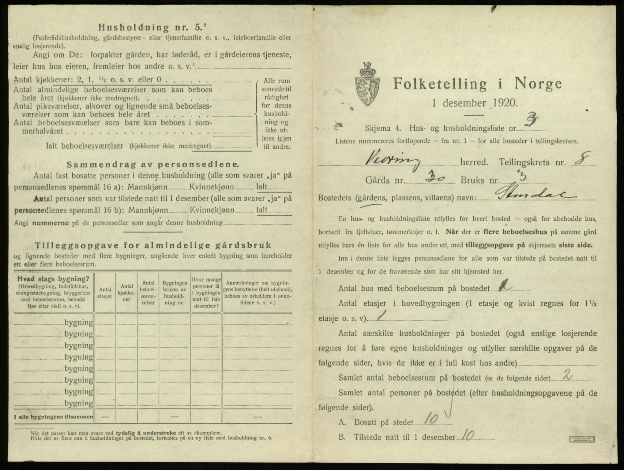 SAB, 1920 census for Vevring, 1920, p. 358