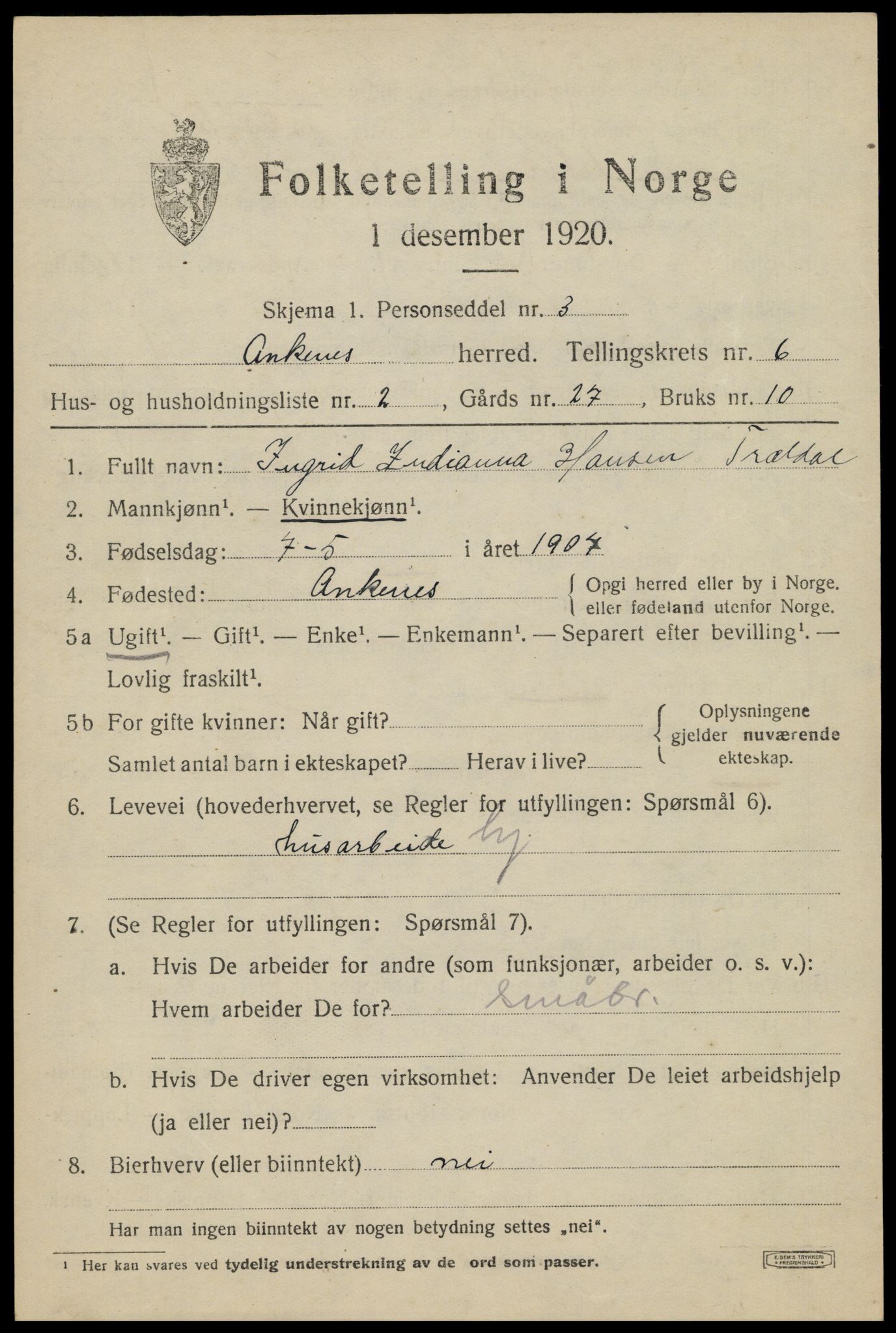 SAT, 1920 census for Ankenes, 1920, p. 3463