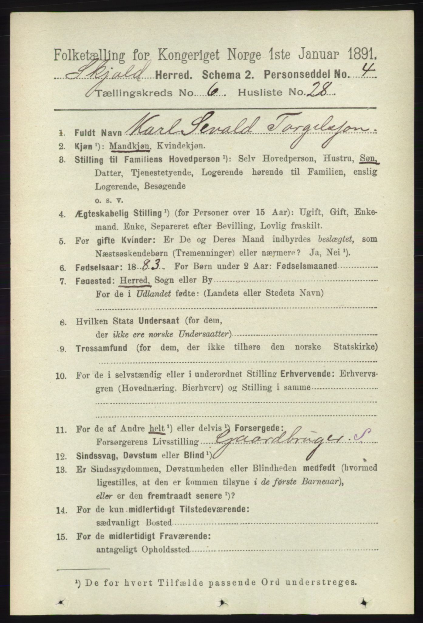 RA, 1891 census for 1154 Skjold, 1891, p. 1156