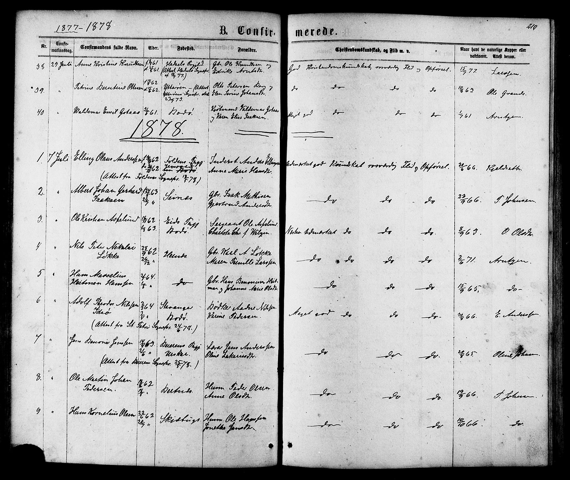 Ministerialprotokoller, klokkerbøker og fødselsregistre - Nordland, SAT/A-1459/801/L0029: Parish register (copy) no. 801C04, 1868-1878, p. 210
