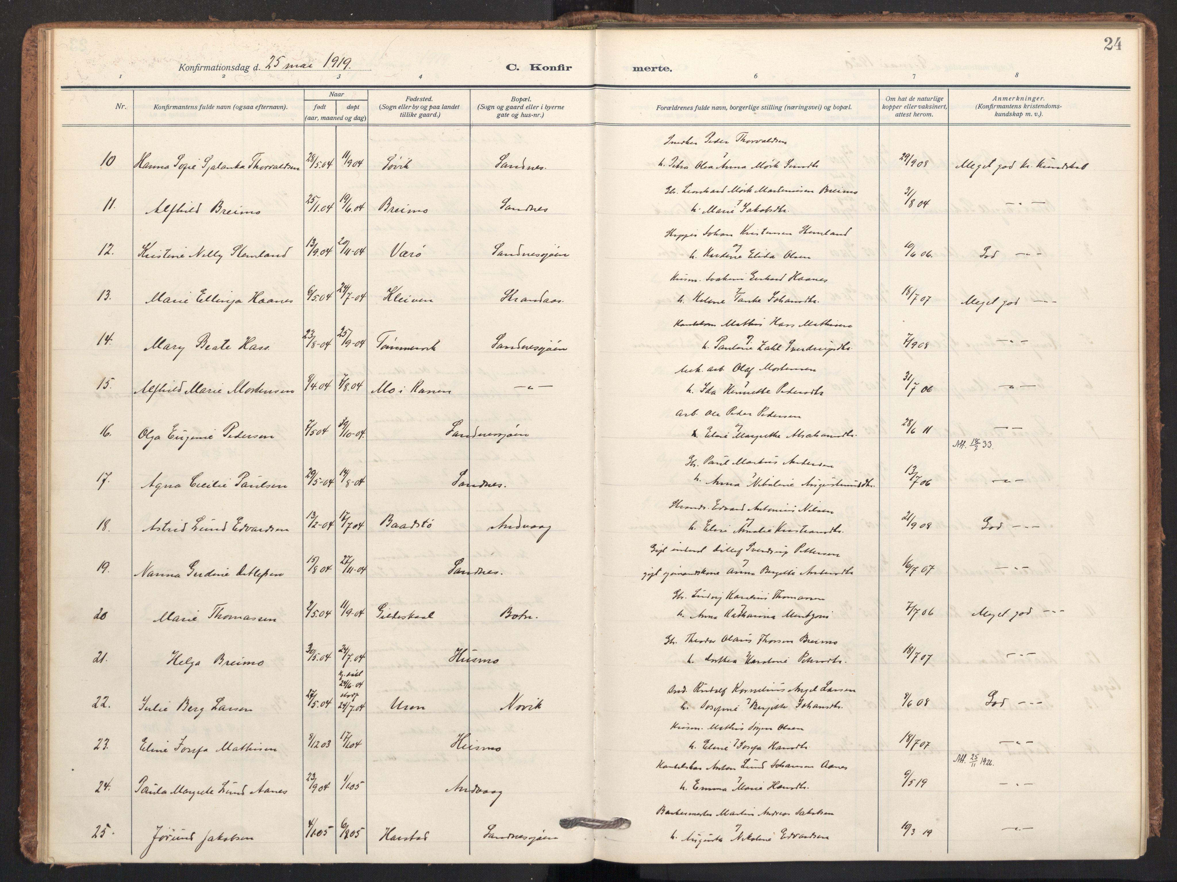 Ministerialprotokoller, klokkerbøker og fødselsregistre - Nordland, SAT/A-1459/831/L0473: Parish register (official) no. 831A04, 1909-1934, p. 24