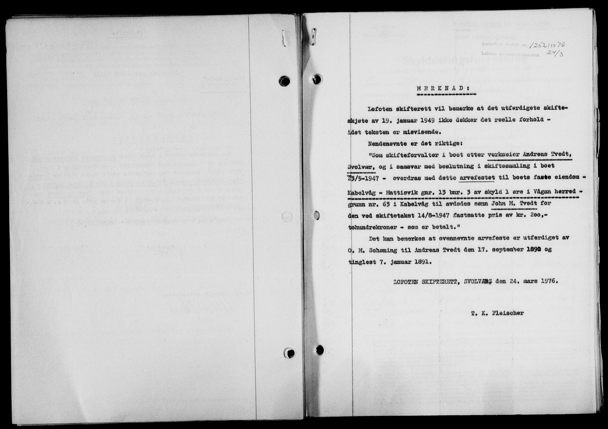 Lofoten sorenskriveri, SAT/A-0017/1/2/2C/L0020a: Mortgage book no. 20a, 1948-1949, Diary no: : 1252/1949