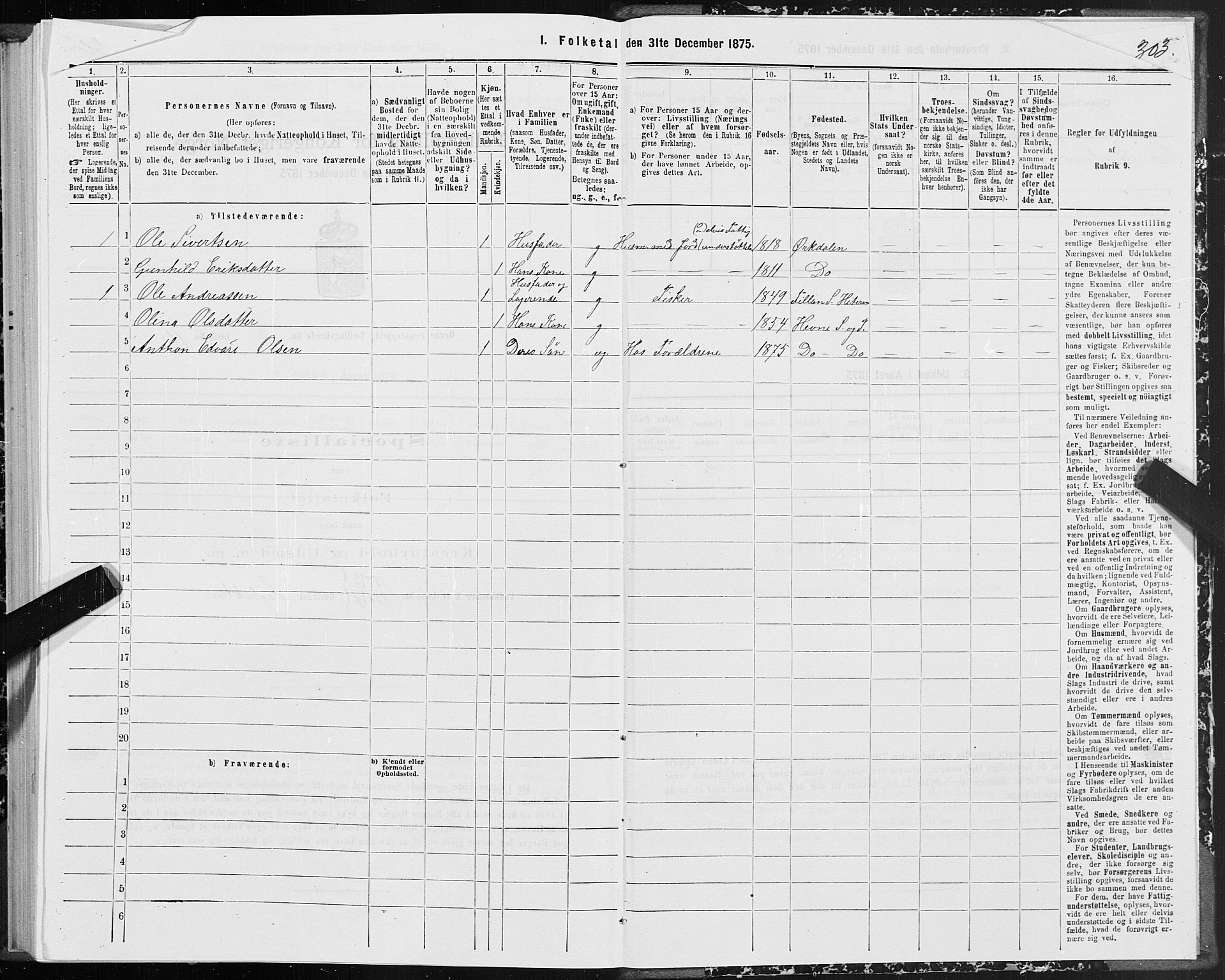 SAT, 1875 census for 1612P Hemne, 1875, p. 4303