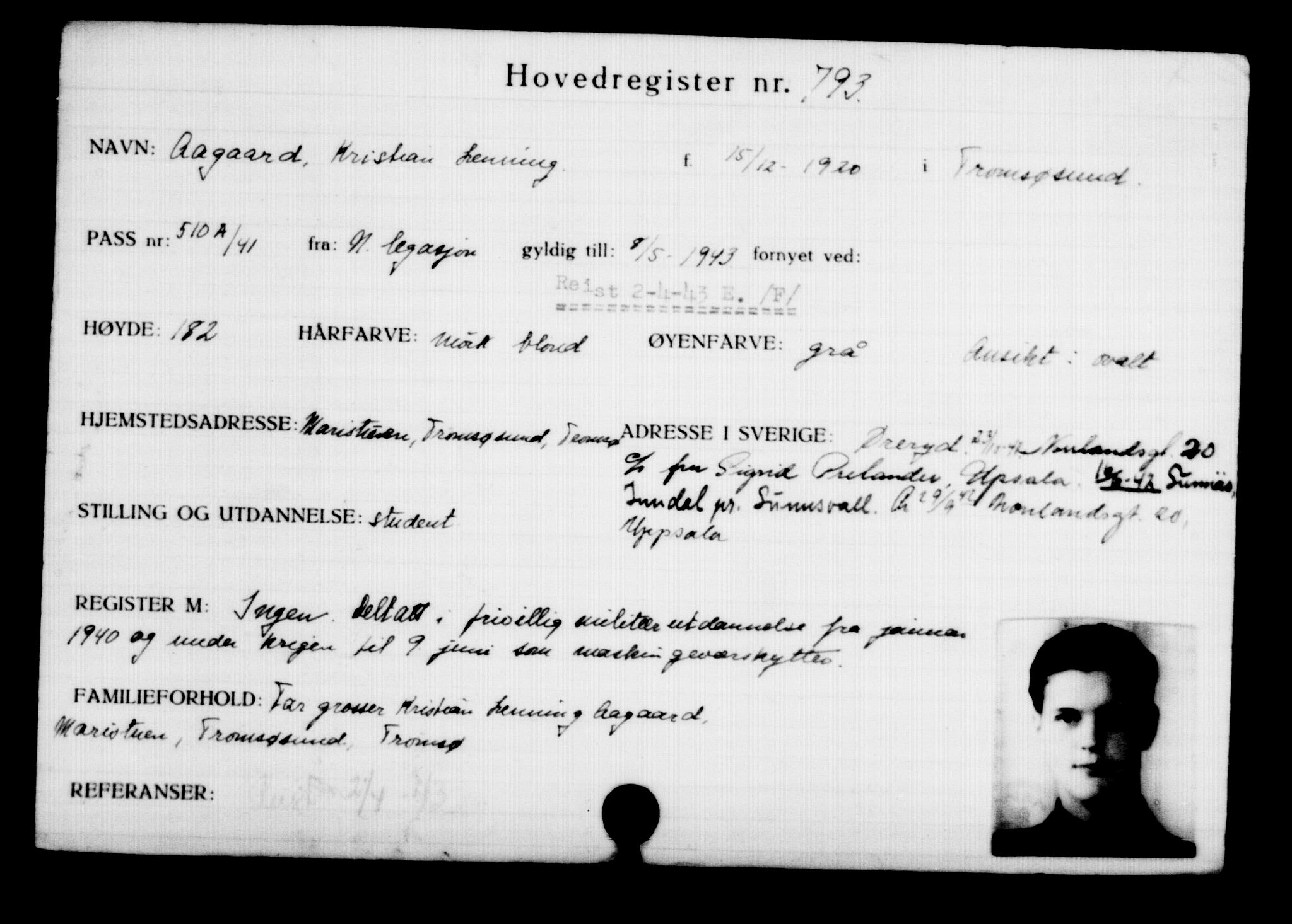 Utenriksstasjonene, Legasjonen i Stockholm, Flyktningkontoret, AV/RA-S-6753/V/Va/L0001: Kjesäterkartoteket, flyktninger med registreringsnr. 1-1000, 1940-1945, p. 1257