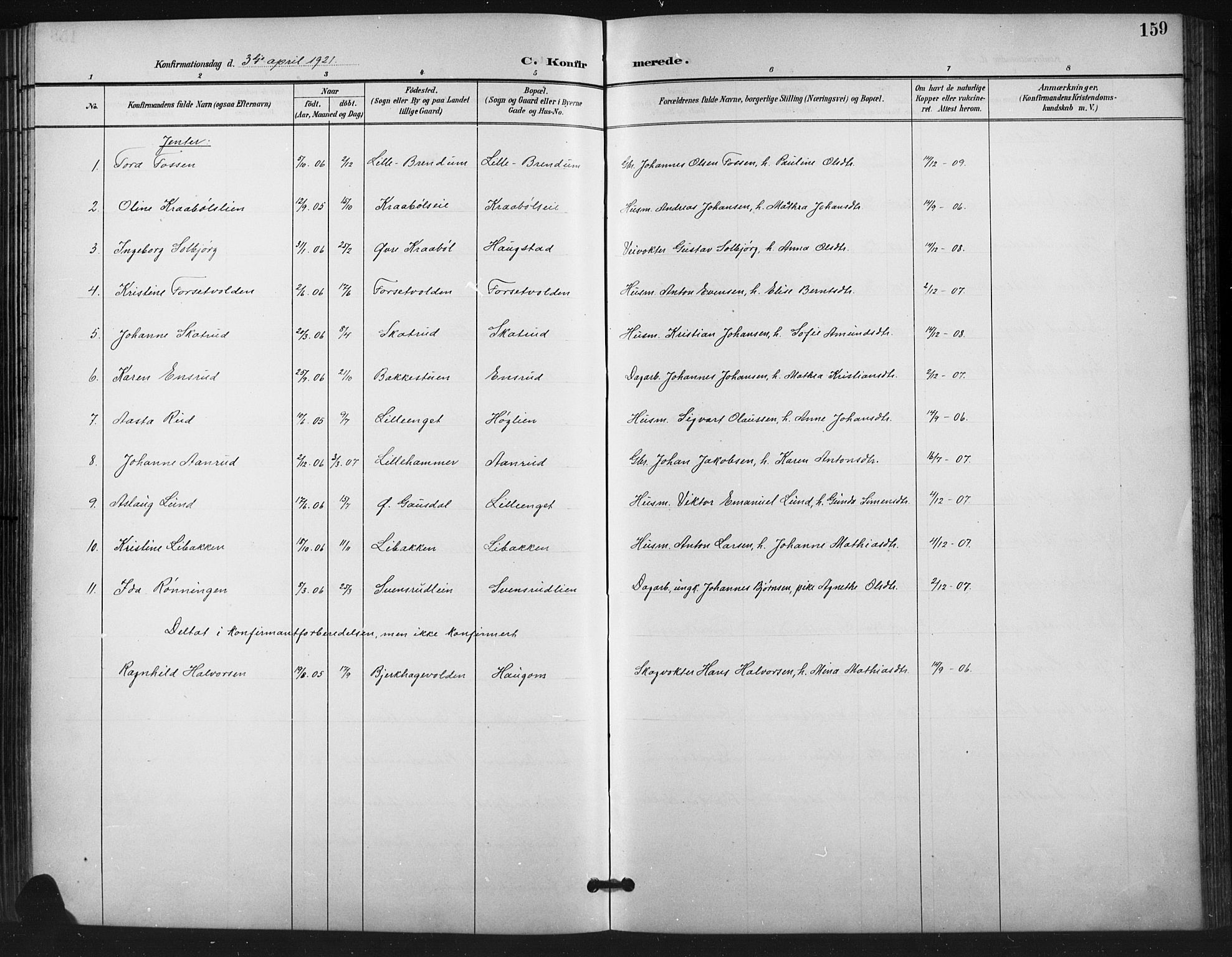 Vestre Gausdal prestekontor, SAH/PREST-094/H/Ha/Hab/L0003: Parish register (copy) no. 3, 1896-1925, p. 159
