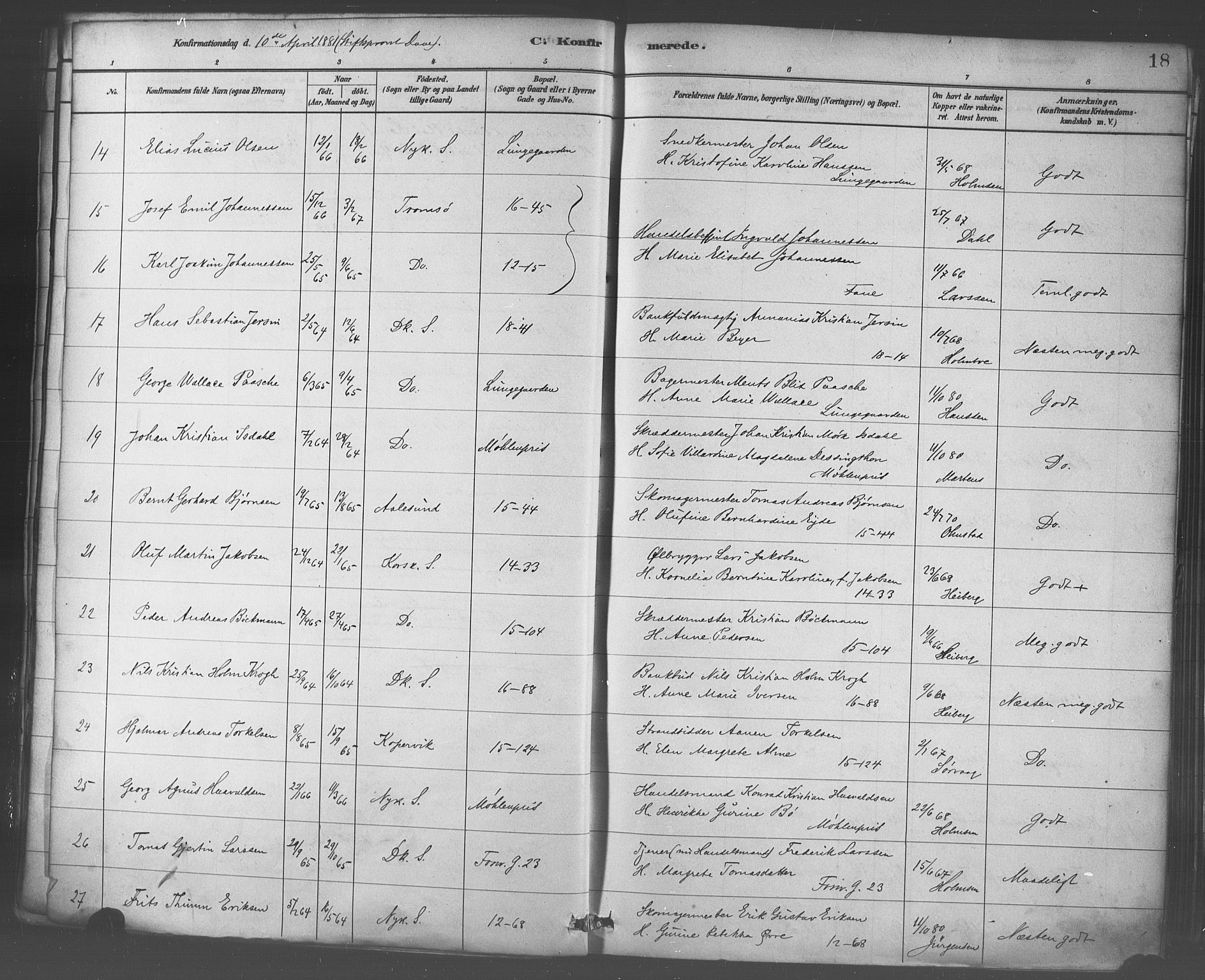 Domkirken sokneprestembete, SAB/A-74801/H/Haa/L0030: Parish register (official) no. C 5, 1880-1898, p. 18