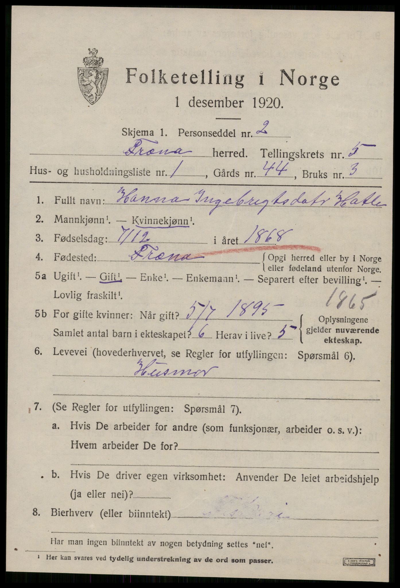 SAT, 1920 census for Fræna, 1920, p. 3545