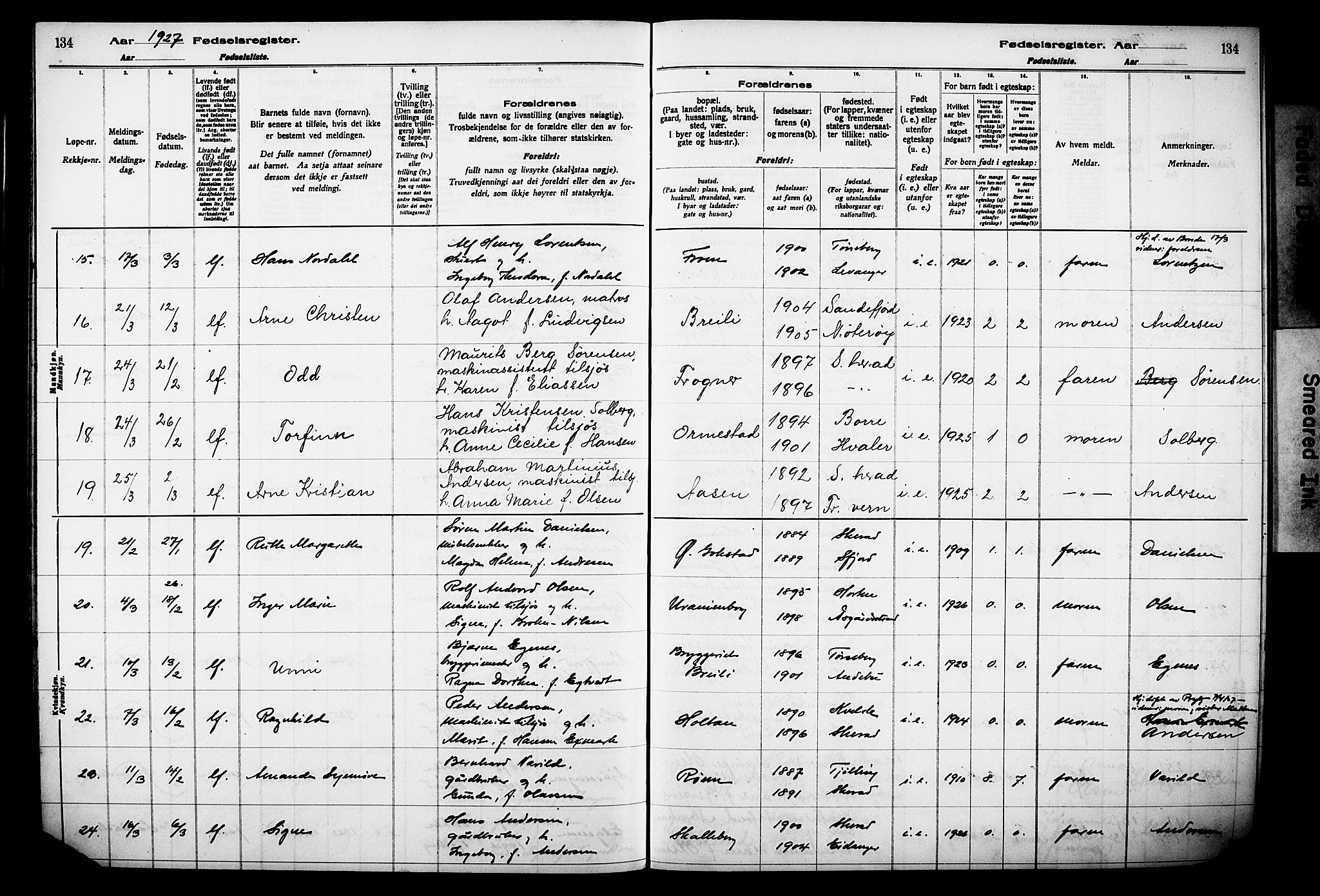 Sandar kirkebøker, AV/SAKO-A-243/J/Ja/L0002: Birth register no. 2, 1922-1929, p. 134