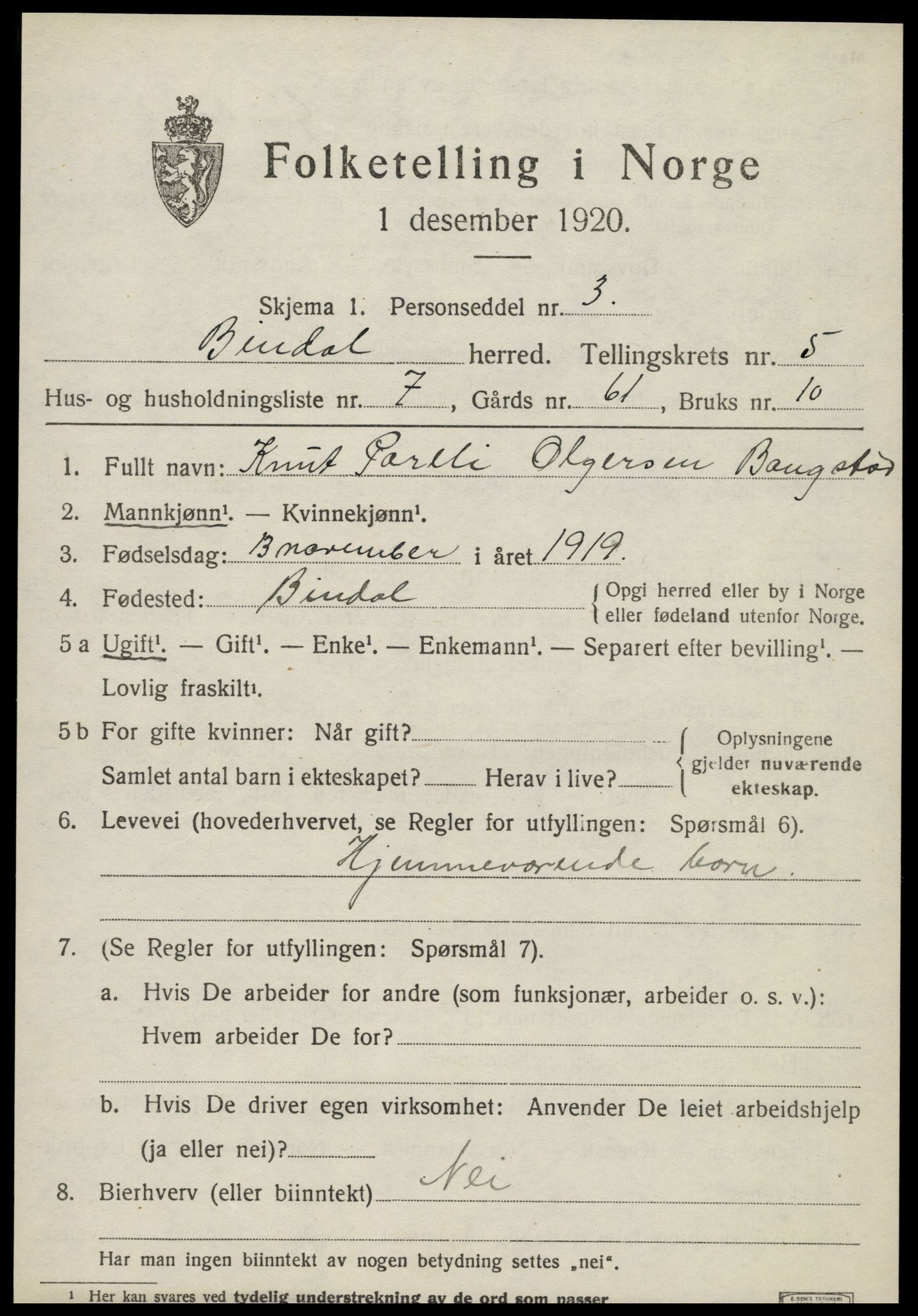 SAT, 1920 census for Bindal, 1920, p. 3921