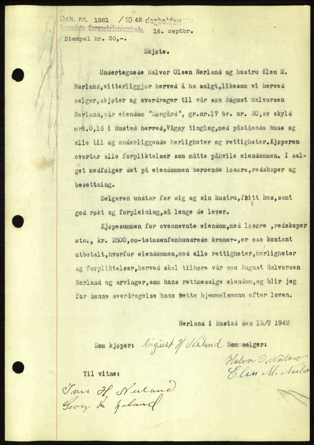 Romsdal sorenskriveri, AV/SAT-A-4149/1/2/2C: Mortgage book no. A12, 1942-1942, Diary no: : 1881/1942