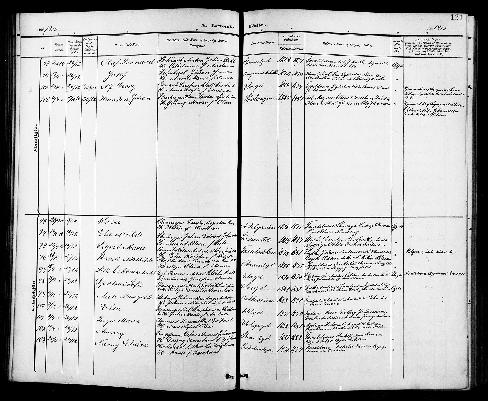 Halden prestekontor Kirkebøker, SAO/A-10909/G/Ga/L0010: Parish register (copy) no. 10, 1900-1923, p. 121