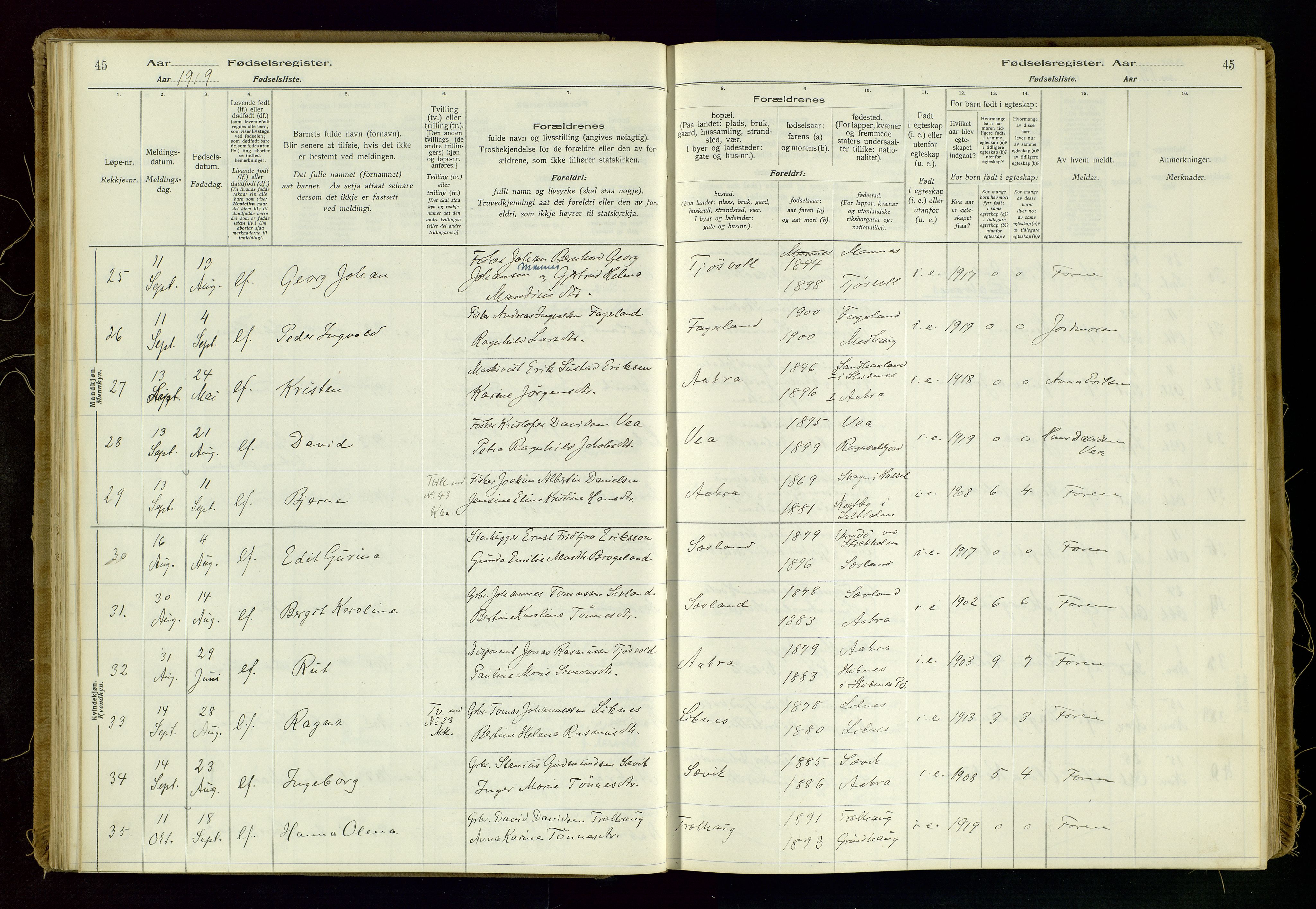 Kopervik sokneprestkontor, AV/SAST-A-101850/I/Id/L0006: Birth register no. 6, 1916-1934, p. 45