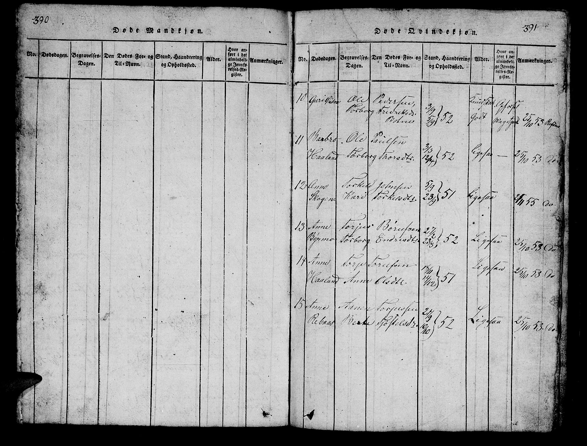 Bjelland sokneprestkontor, AV/SAK-1111-0005/F/Fb/Fbc/L0001: Parish register (copy) no. B 1, 1815-1870, p. 390-391