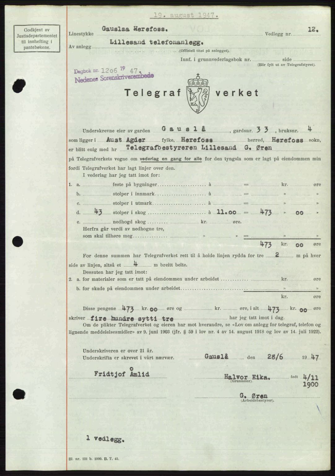 Nedenes sorenskriveri, AV/SAK-1221-0006/G/Gb/Gba/L0057: Mortgage book no. A9, 1947-1947, Diary no: : 1206/1947