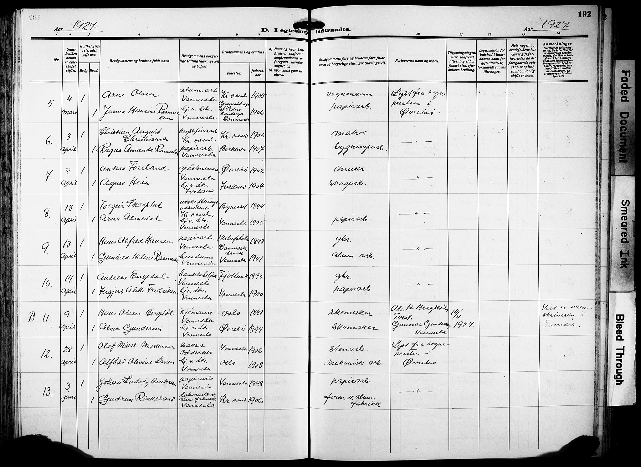 Vennesla sokneprestkontor, AV/SAK-1111-0045/Fb/Fbb/L0007: Parish register (copy) no. B 7, 1922-1933, p. 192