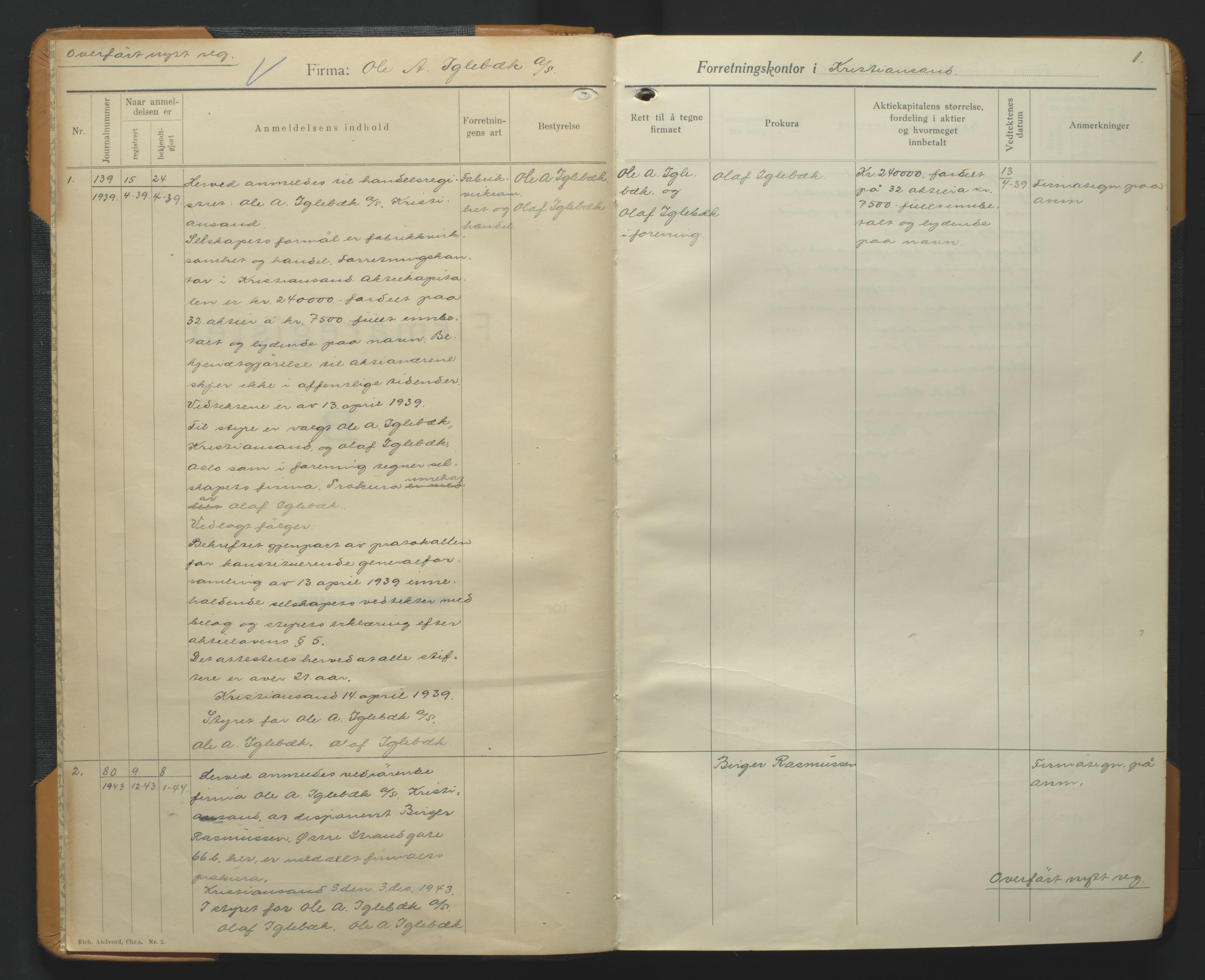 Kristiansand byrett, AV/SAK-1223-0001/K/Kb/L0013: Handelsregister B VI, 1939-1943, p. 1